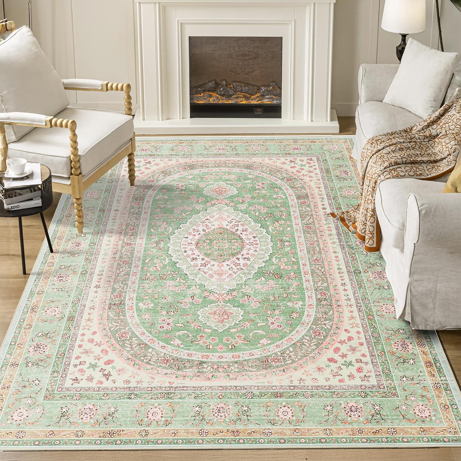 Castage 5x7 Area Rugs Washable,Green Rug for Living Room Bedroom Kitchen,Large Boho Vintage Bohemian Distressed Oriental Carpet Non Slip,Sage Blush