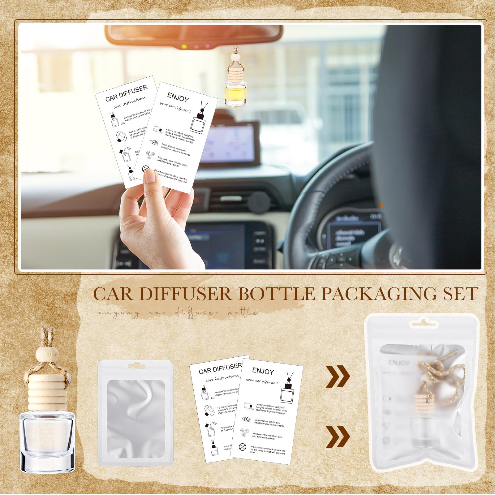 Boao Set di 100 flaconi profumatori per auto da appendere, con scheda di istruzioni e sacchetto olografico richiudibile da 10 x 15,2 cm, per bottiglie vuote di oli essenziali di profumo per auto