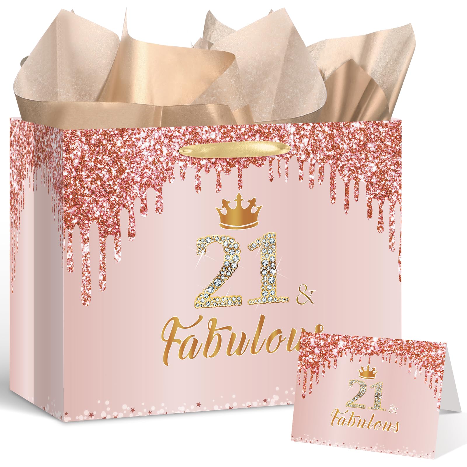 Yoirrat Rose Gold 21 & Fabulous 21st Birthday Gift Bag for Her Large Pink Happy 21st Birthday Gift Bag with Wrapping Paper and Card for Women 21st