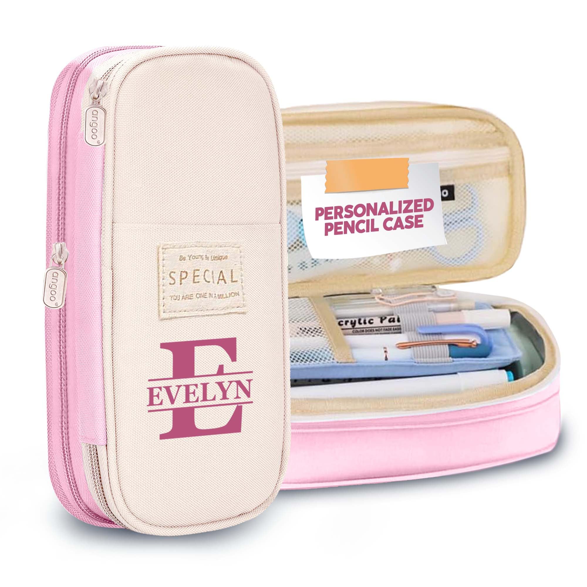 Personalized Pencil Case with Name, Big Capacity Pencil Pouch Large Pencil Pouch for Girls, Large Pen Pouch, Drawing Pencil Case for Artists, Pencil Case for Boys, Customized Pencil Case - Pink