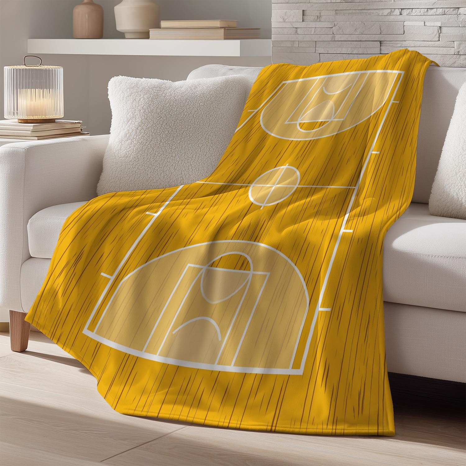 Generisch Koc polarowy, żółto-biały, minimalistyczne linie z kreskówki, boisko do koszykówki, 150 x 200 cm, koc na kanapę, puszysty koc z mikrofibry, narzuta na sofę, narzuta na łóżko