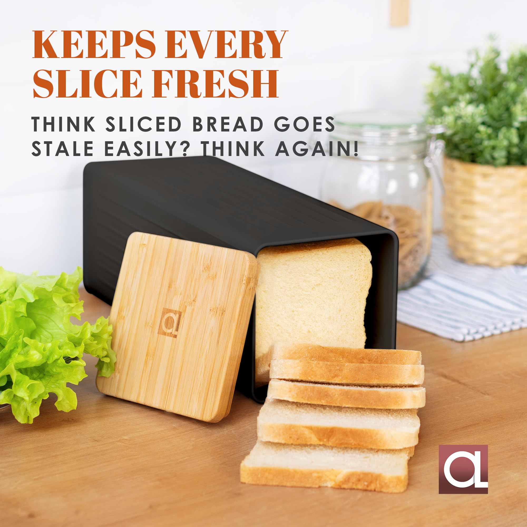 Apace Living FRESHSLICE - Panera 2.0 | Panera con tapa hermética | Panera de metal con tapa de bambú para pan casero, 5 litros (negro clásico)