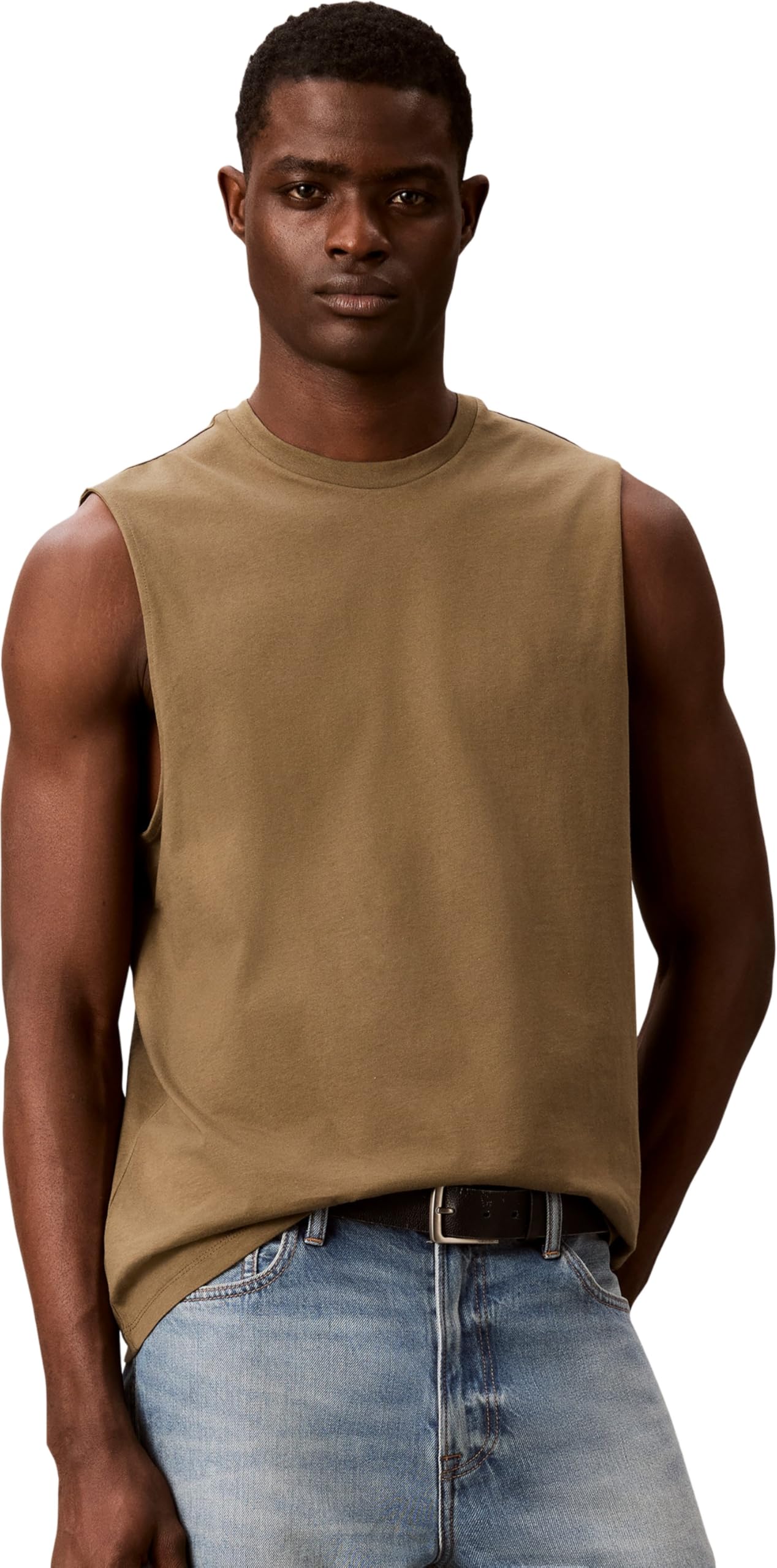 Calvin Klein Men’s Tank Top Badge Muscle in Cotton, Brown (Capers), S