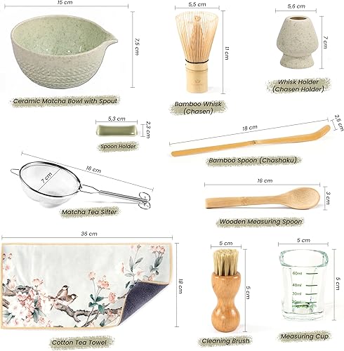 Miniatura 4 de Juego de 10 batidores de matcha, cuenco de matcha de 15 onzas con boquilla y soporte para batidor y taza medidora, cuchara y cuchara de bambú, tamiz