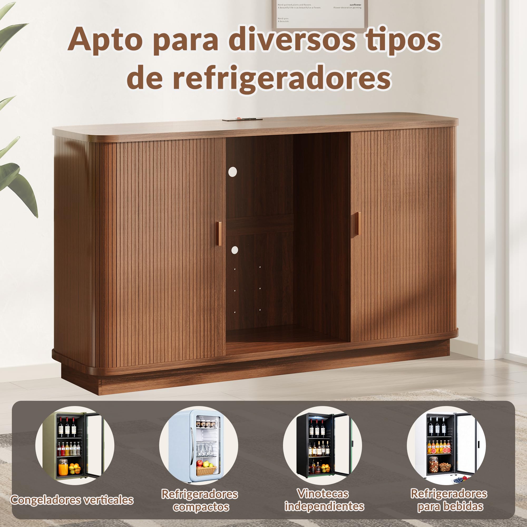 Aparador buffet estriado de 130 cm de largo, mueble bar de café con espacio para refrigerador,mueble bar de vinos retro con puertas enrollables,estantes ajustables y botellero para cocina y comedor