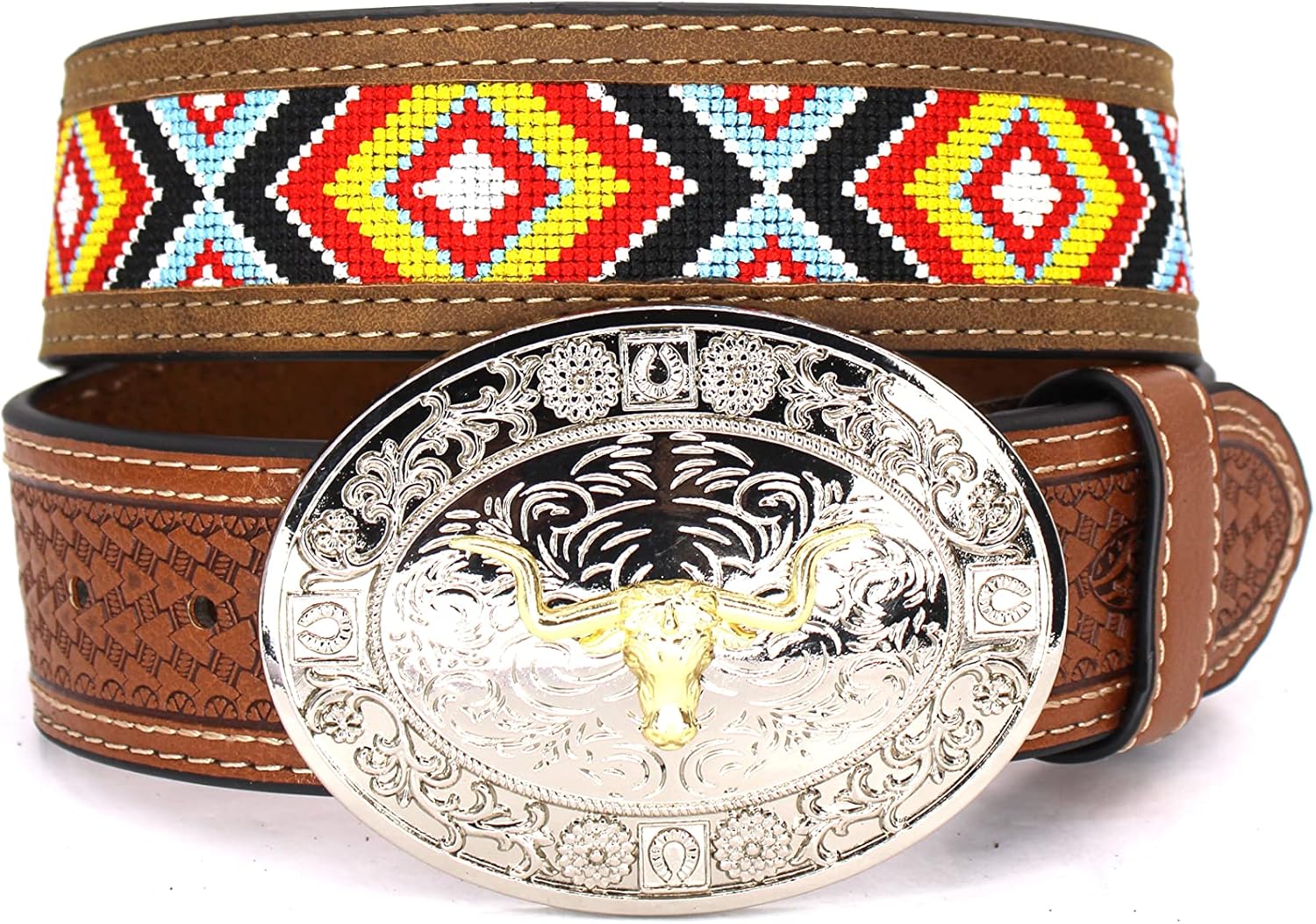 Embroidery Fabric Belt Aztec Print Men Women Cowboy Genuine Leather