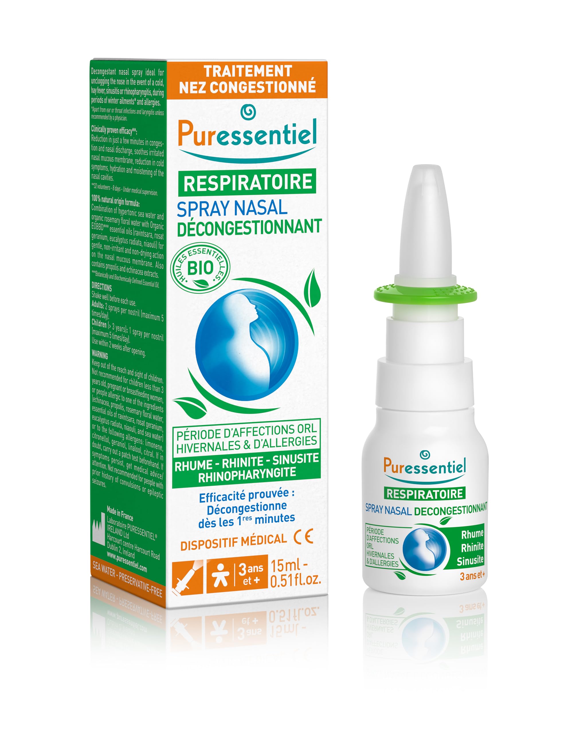PuressentielRespiratory Decongestant Nasal Spray 15ml - Cold & Flu - Hayfever & Blocked Nose Relief - Instant Action - 100% Natural & Organic Essential Oils - Sea Water - Suitable for 3y+
