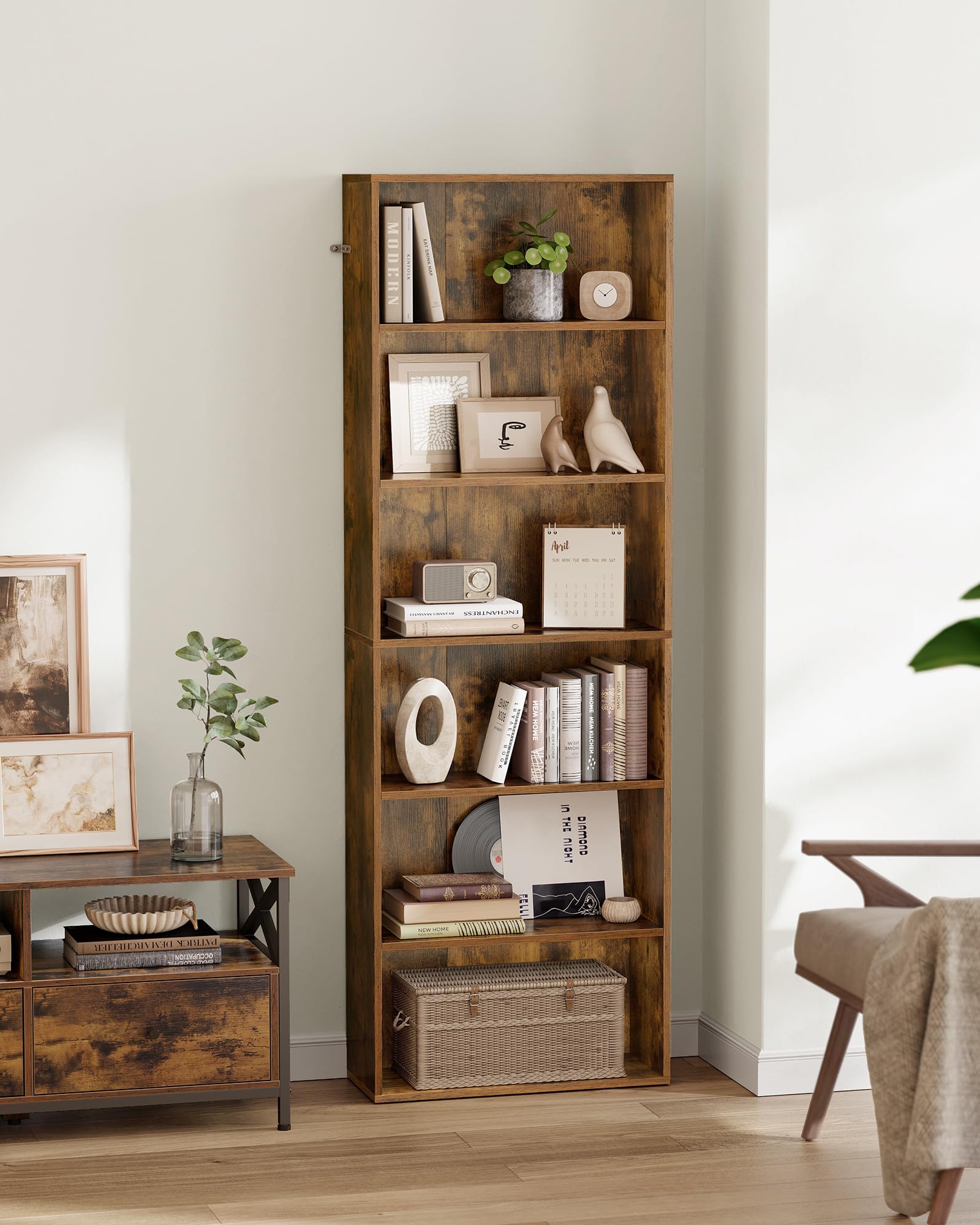VASAGLE bookshelf with 6 levels standing shelf storage shelf for living room, office, bedroom, study, industrial style, 24 x 40 x 179.5cm, vintage brown LBC167K01