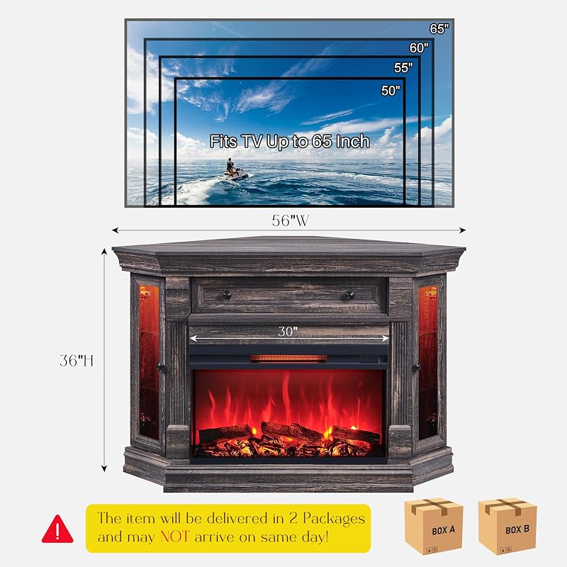 OKD 56" Farmhouse Corner TV Stand with 3-Sided Fireplace, Dark Rustic Oak image 2