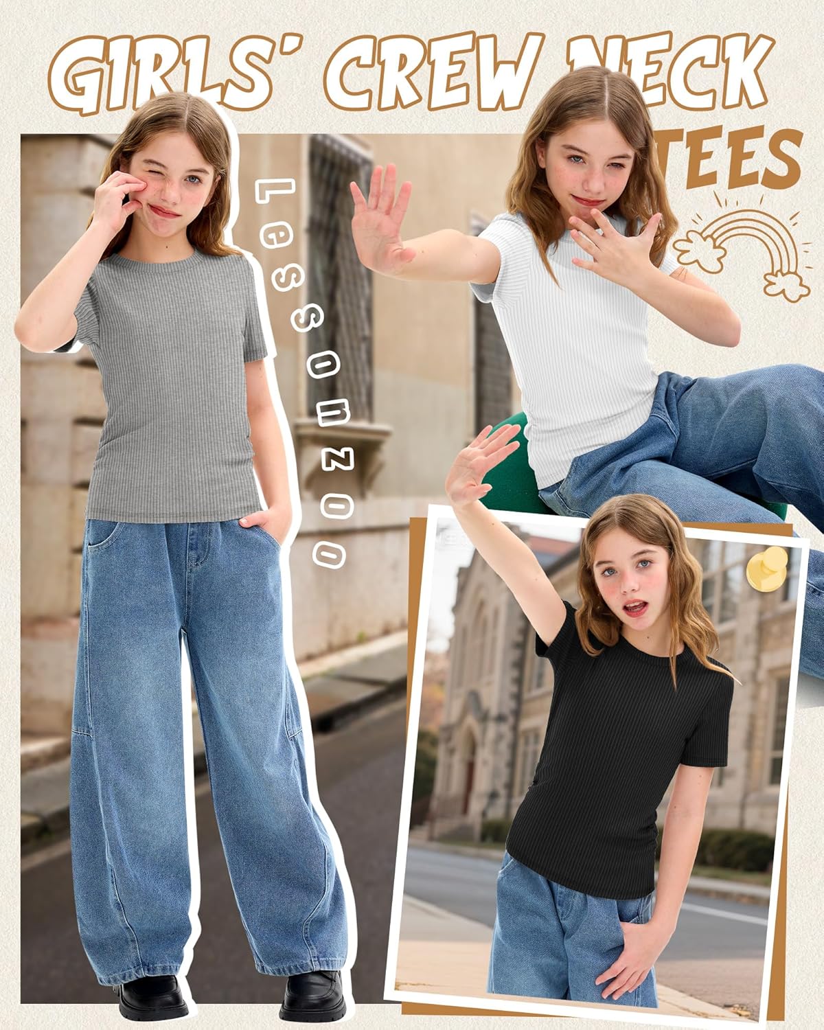 3 Pack Girls Short Sleeve Shirts Cotton Ribbed Knit Slim Fit Tops Crew Neck Basic Side Ruched Clothes for Teen Girl - Image 6