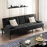 Shintenchi Futon Sofa Bed, Velvet Foldable Couch Reclining Sleeper w/Removable Armrests, Upholstered Loveseat w/Folding Cup Holders for Home, Office, Black