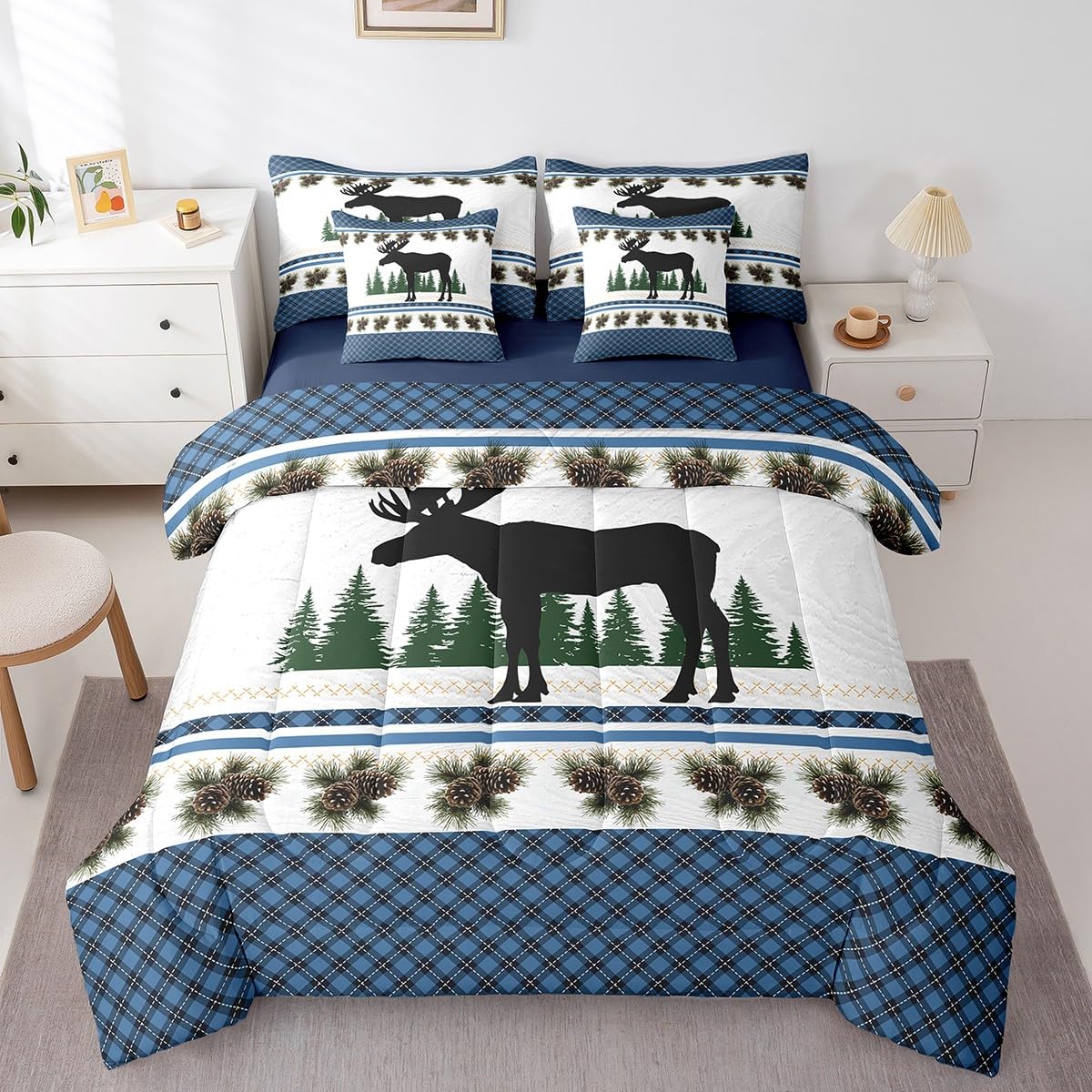 Farmhouse Decor Rustic Moose Deer Full Size Bed Sheets and Comforter Set, Blue Checkered Buffalo Plaid 7 Piece Bedding Set Woodland WildlifeBed in a Bag, Pine Trees Pinecone Patchwork Bed Sets