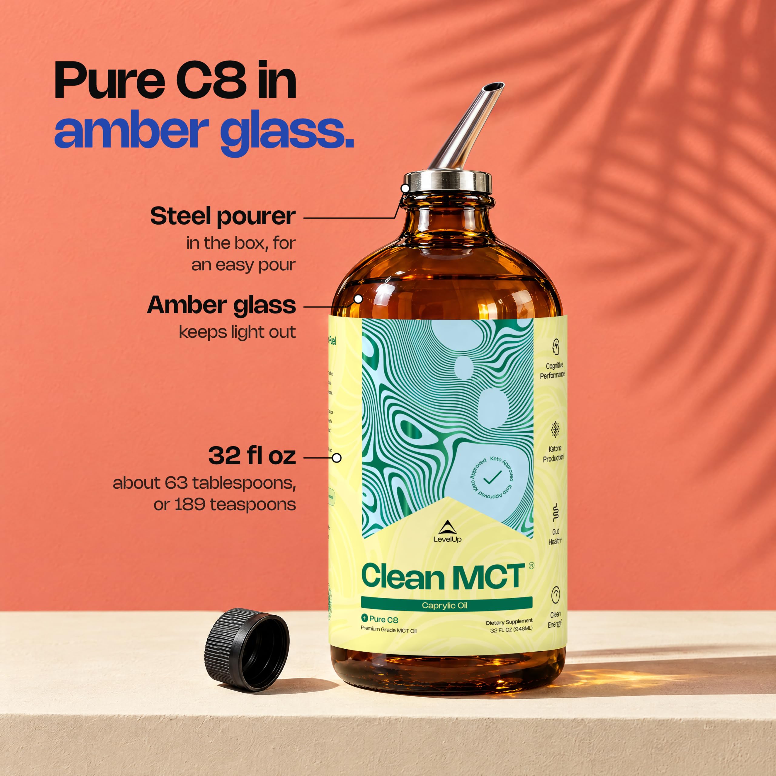 LevelUp Clean MCT Oil, 100% C8 Caprylic Acid, Keto, 32 oz Glass Bottle — Amazon image 6