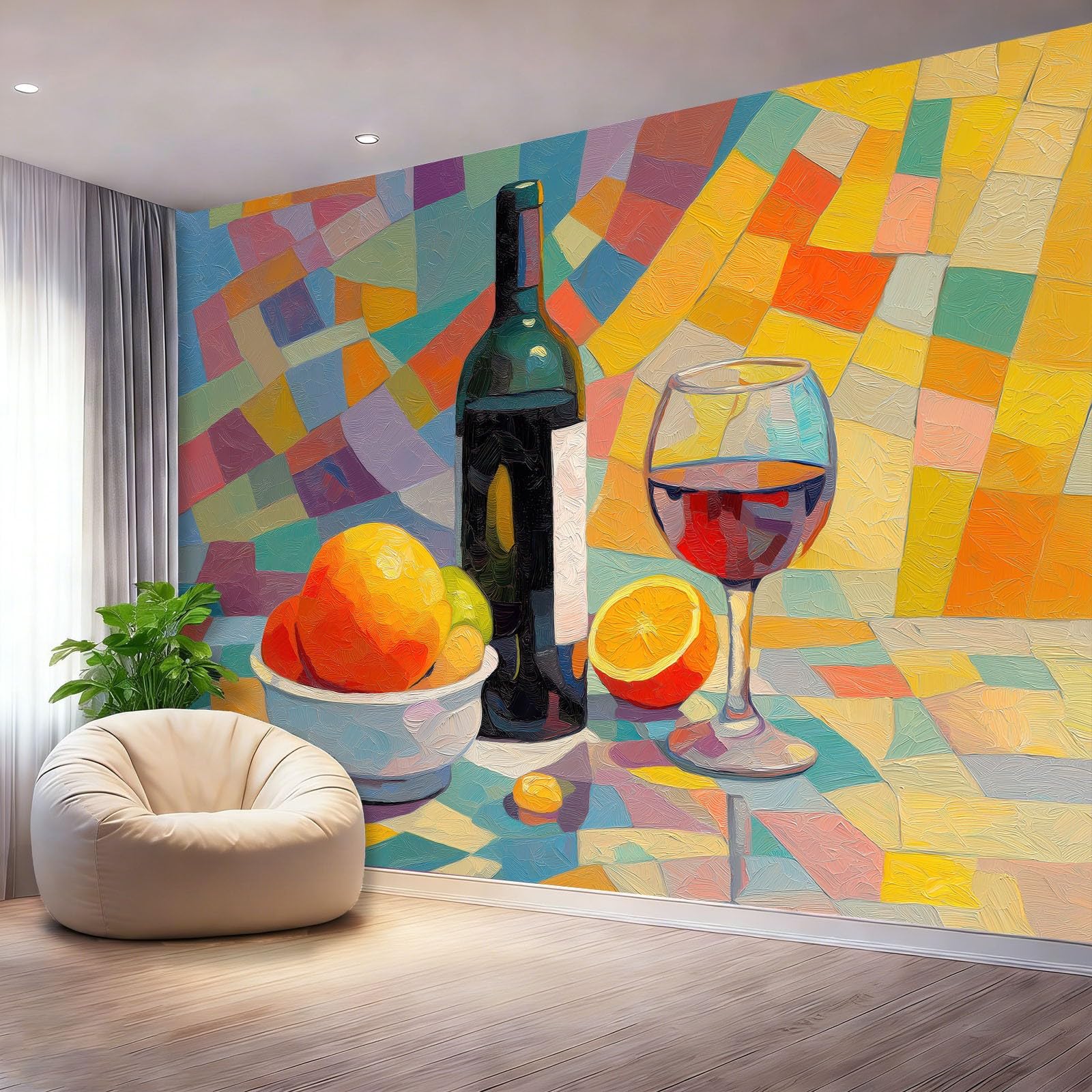 Vliestapete 350 x 256 cm, Moderne Kunst Rotwein Weinglas, Fröhliche Motivtapete für große Kinderzimmer, Bunt