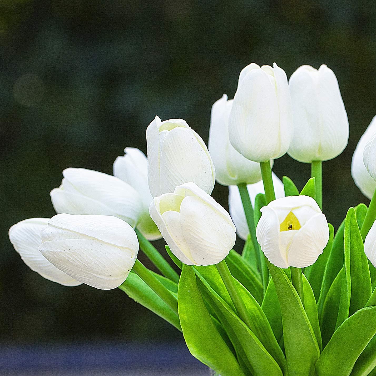 ENOVA HOME 20 Pieces Artificial Real Touch Tulips Flower Arrangement in Cube Glass Vase with Faux Water for Home Office Decoration (White)