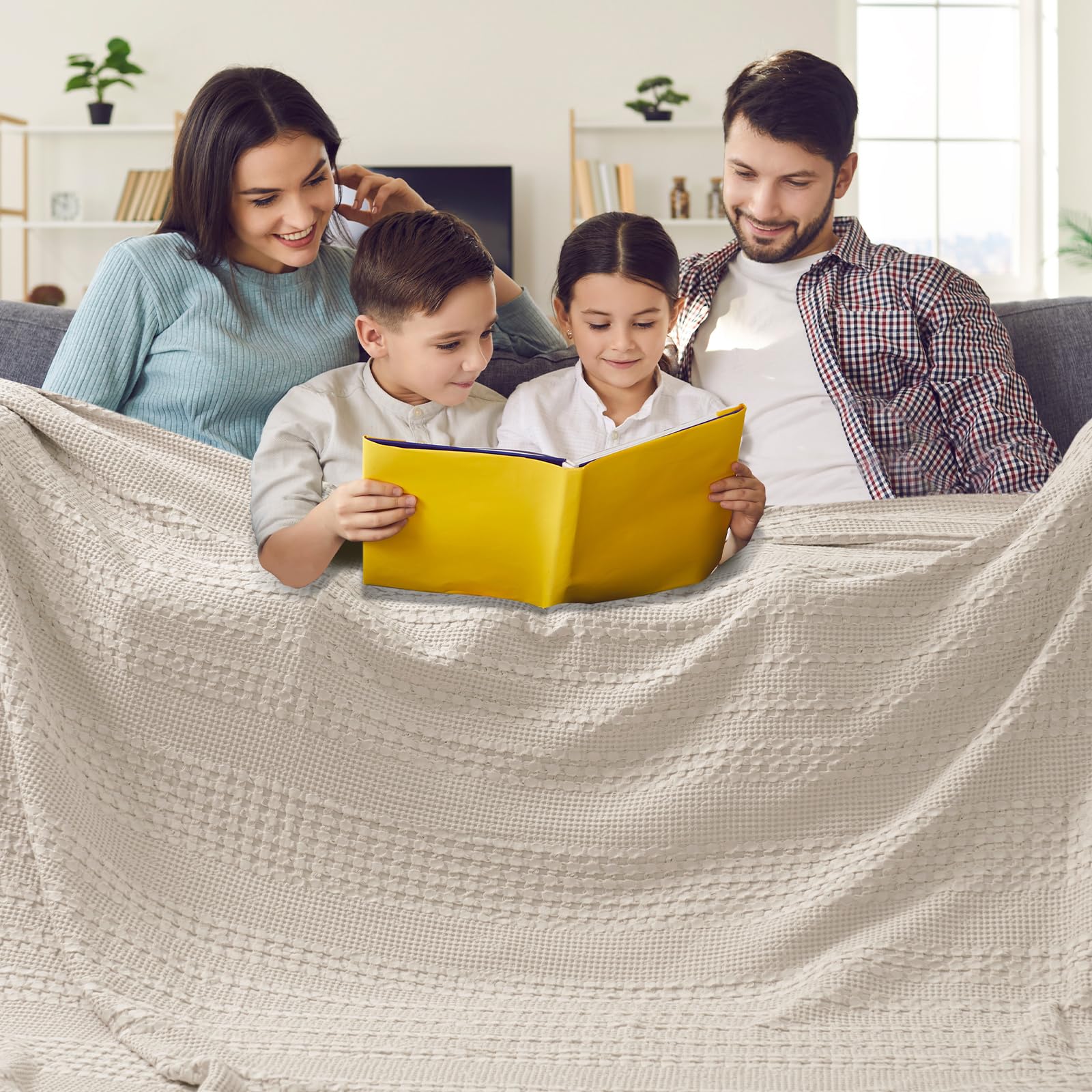 phf 100% cotton waffle blanket oversized king 120"x120", lightweight breathable extra large 10'x10' blankets for bed, giant big luxury aesthetic woven bedding for home decor, light taupe/oatmeal