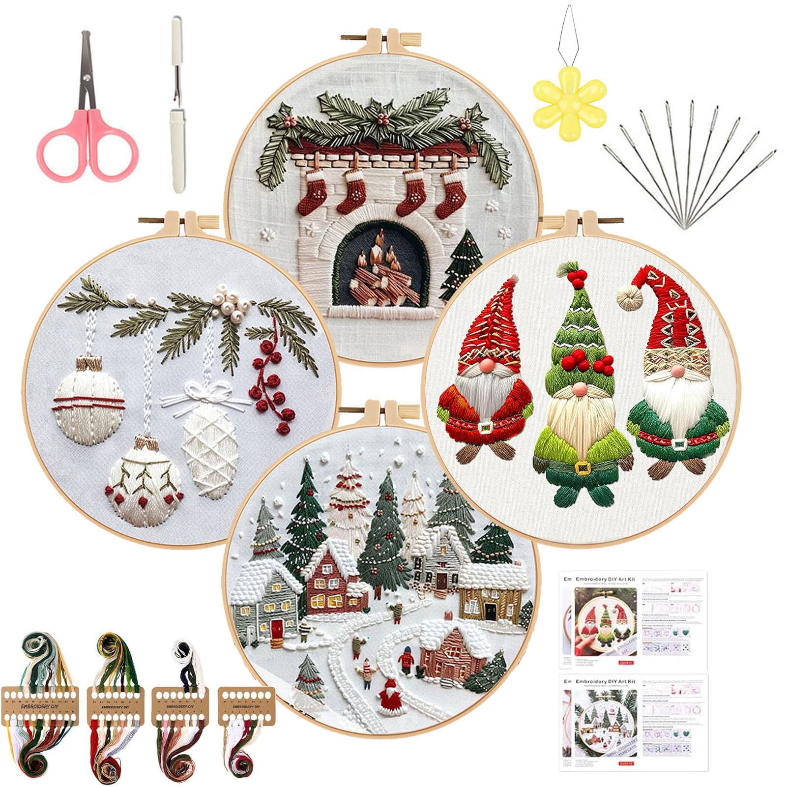 Twshiny Christmas Embroidery Kit, Christmas Cross Stitch Kits for Adults Beginners Embroidery Kits with 4 PCS Embroider Patterns, Cotton, Threads, Needles & Instructions
