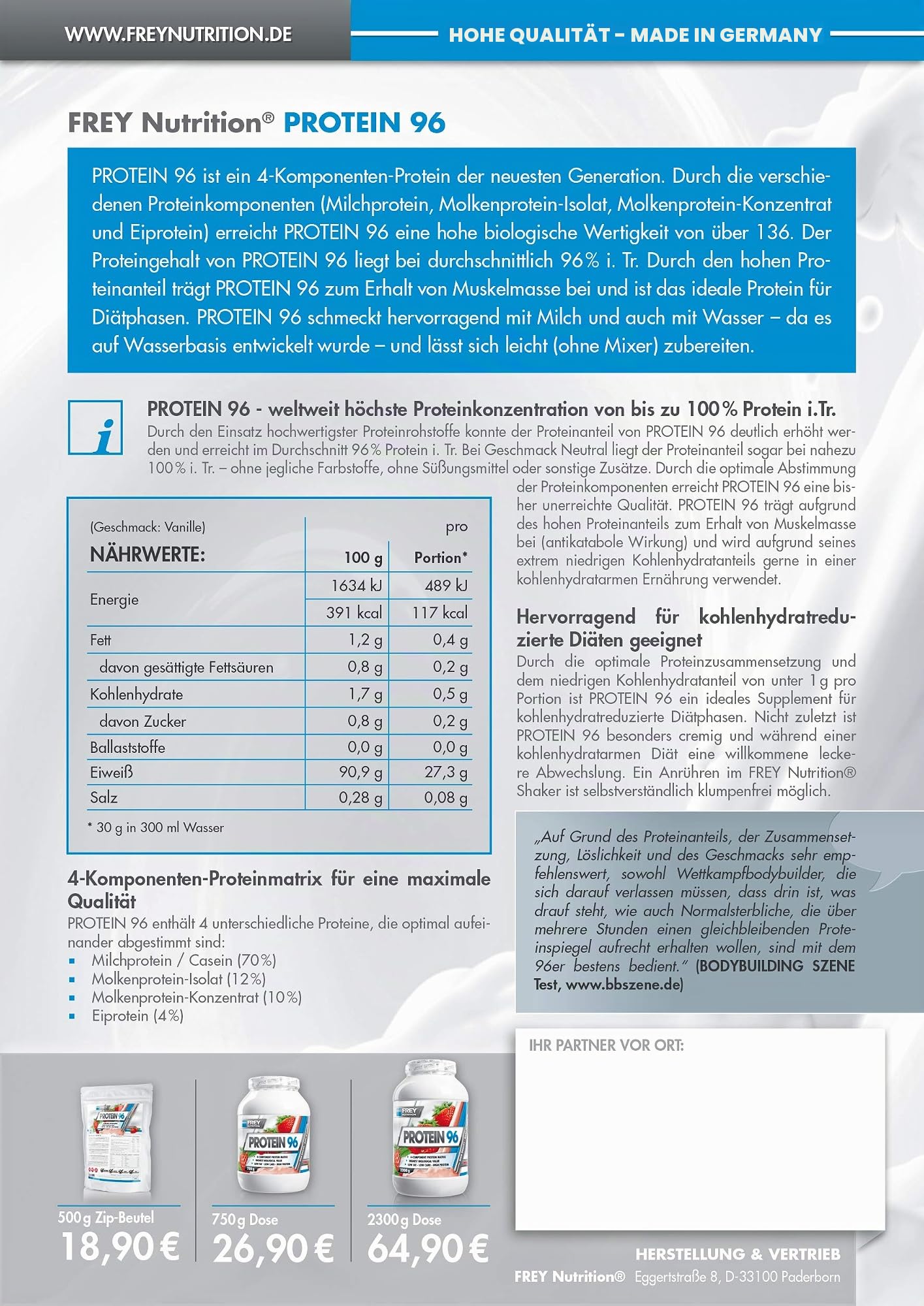 Frey Nutrition Protein 96 Neutral Zipp-Beutel, 1er Pack (1 x 500 g)