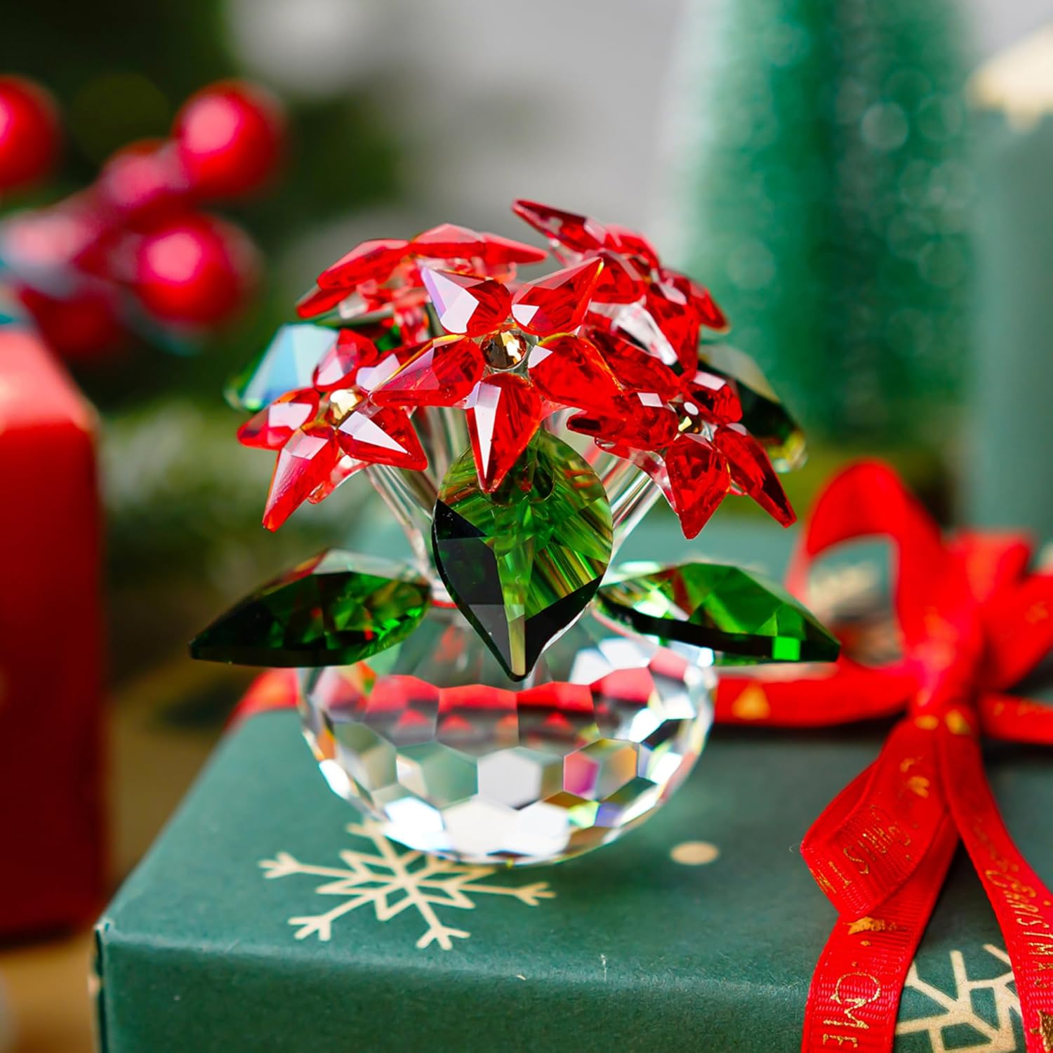 H&D HYALINE & DORA Crystal Poinsettia Figurines Ornament Home Decoration Collection (Red 6pcs Flower)