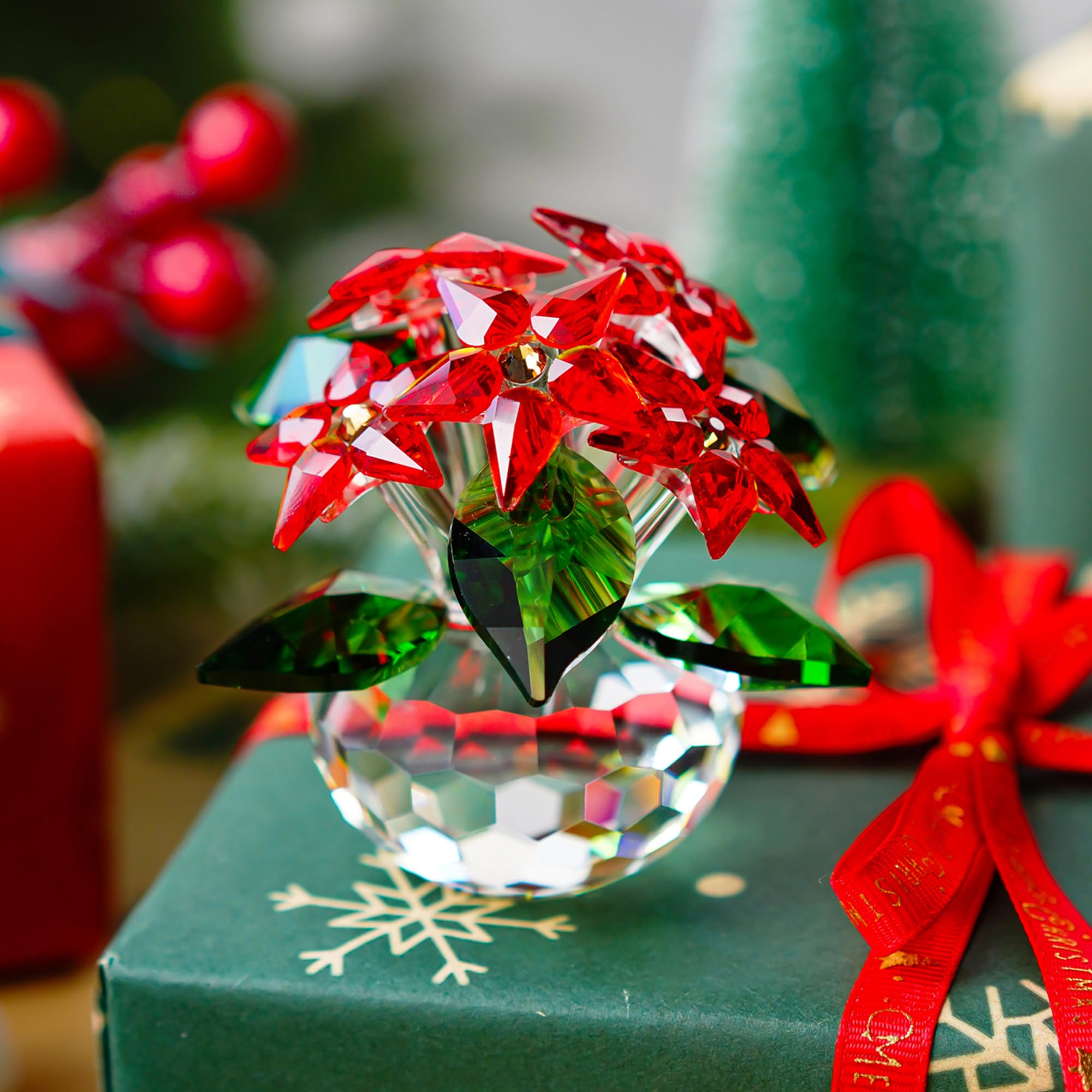 Poinsettia Red Green Crystal Silver Chain Bracelet Christmas Jewelry H