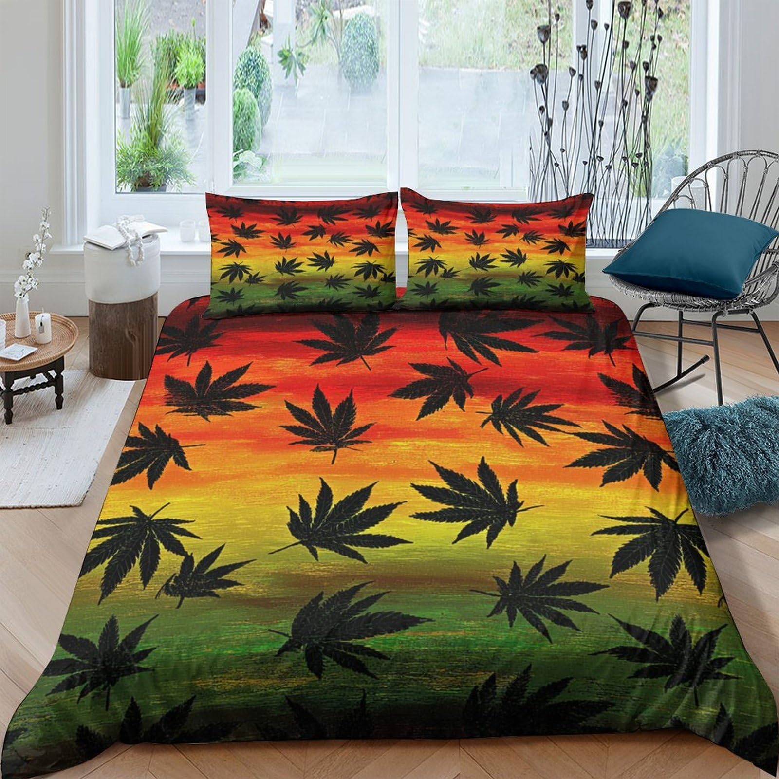 Ctjqhvkz Style-8 3D Printed Rasta Leaf Fitted Sheet Microfiber Soft Breathable Gradient Sunset Bed Cover For Bedroom Dorm Mattress Protection Decor Single（135X200cm）