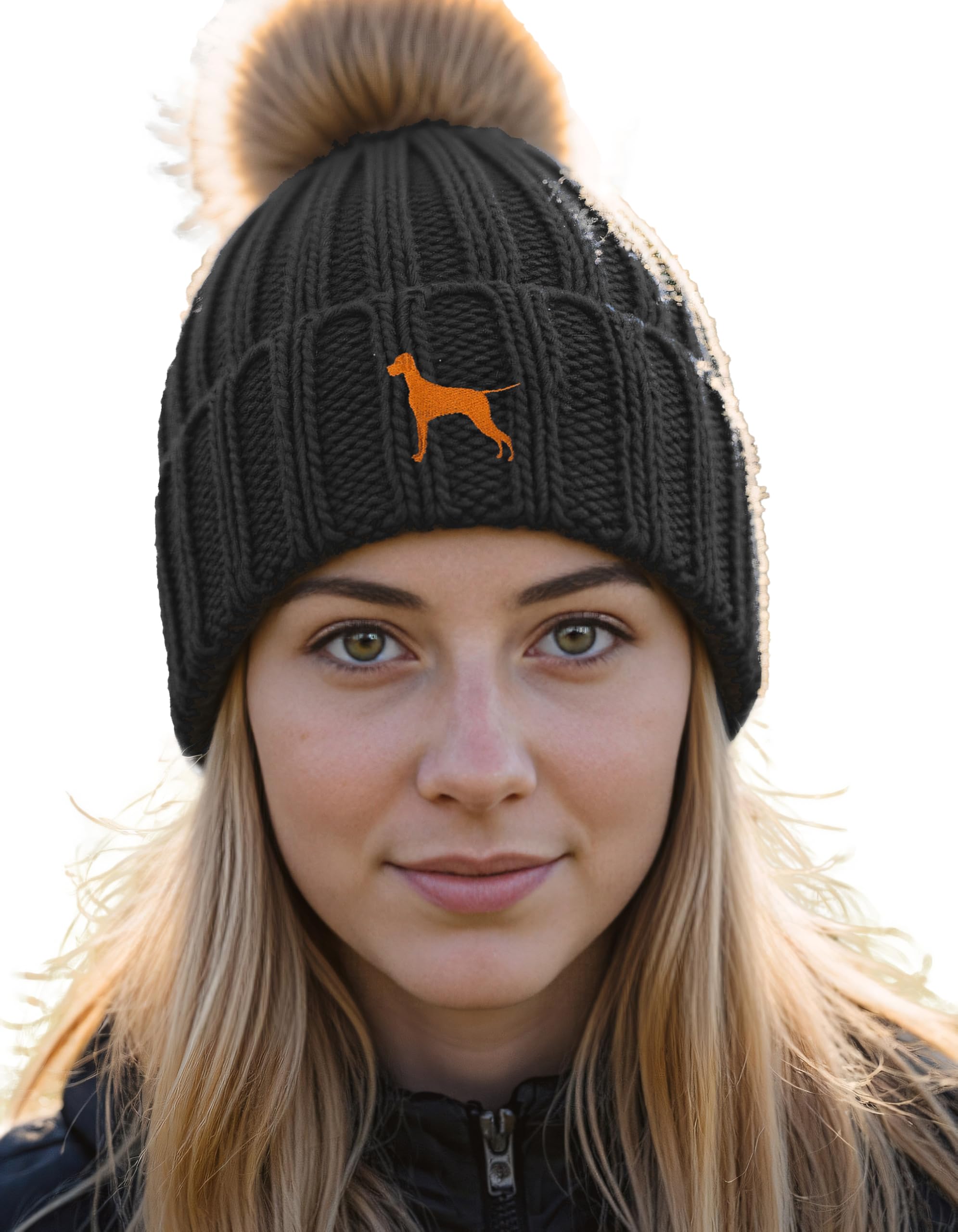 The House Of Dog Unisex Black The House Of Dog: Vizsla Owner Gift. Faux Fur Pom Pom Chunky Knit Super Soft Embroidered Beanie