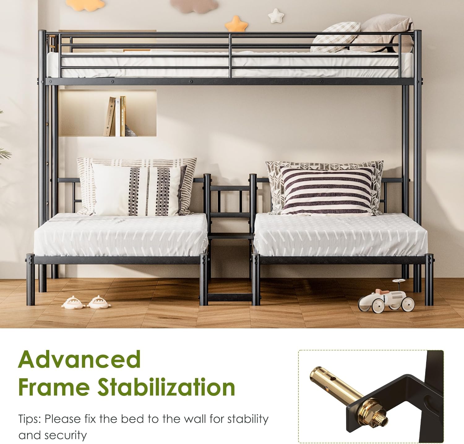 Heavy Duty Triple Bunk Bed, Twin XL Over Twin Over Twin Bunk Beds for 3 Kids, Teens, Adults with Built-in Desk, Safety Guardrail & Ladder, Metal Bunkbed Frame w/Under-bed Storage, No Box Spring Needed