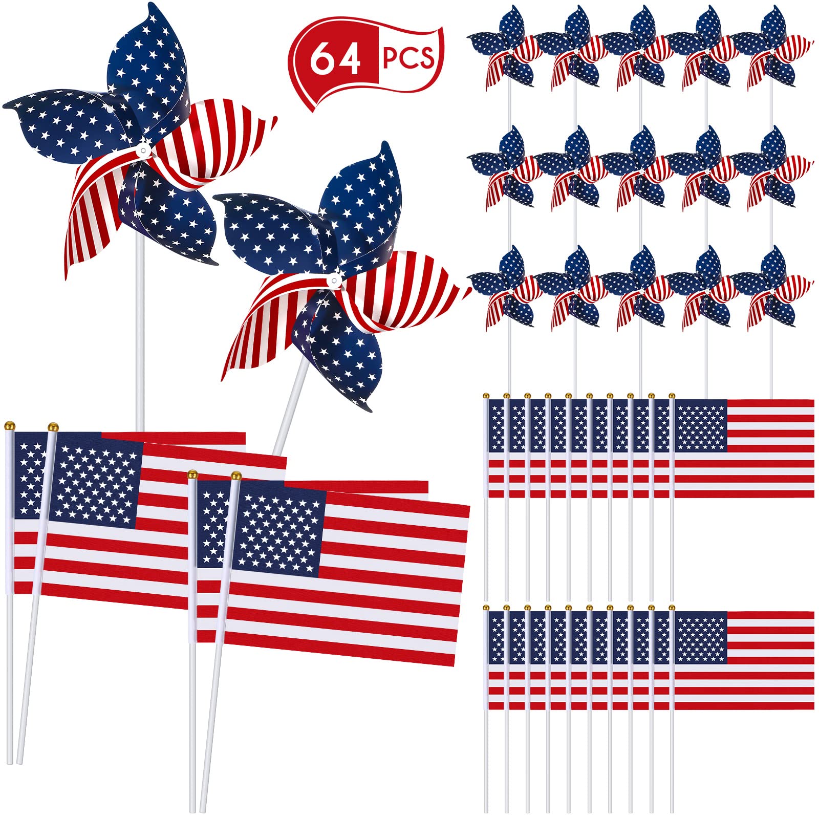 Tudomro 64 Pack 4th of July Decorations American Flags Patriotic Pinwheels Small USA Flags on Stick 250th Anniversary Red White and Blue Decorations