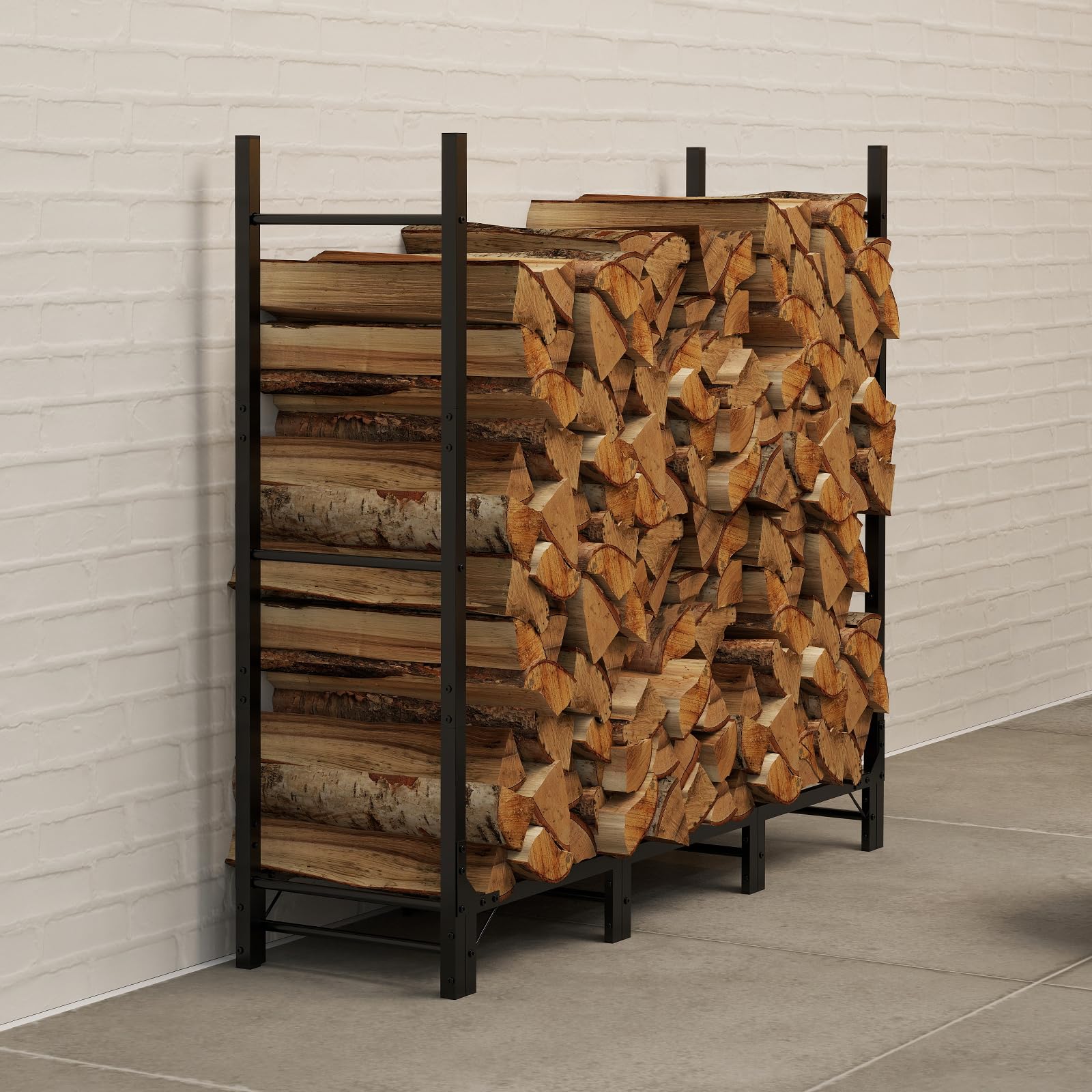 Helios&Hestia Scaffale per legna da ardere da esterno da 1,24 m, porta legna in acciaio resistente, organizer per pile di legno da interni, supporto regolabile, 124 x 35 x 115 cm, nero