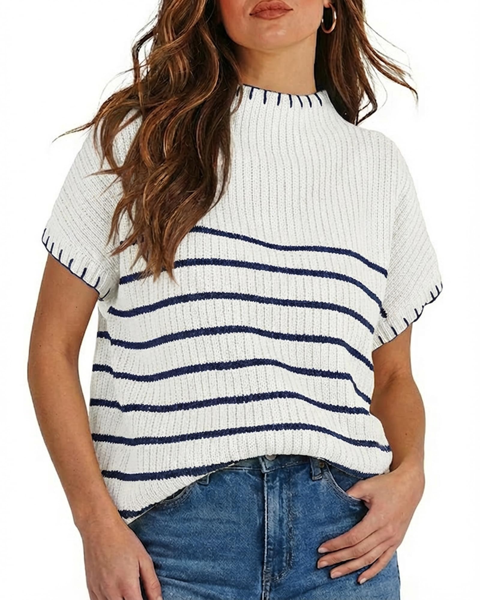 YUNLORIA Women's Short Sleeve Sweater Mock Neck Striped Summer Pullover 2026 Cap Sleeve Ribbed Knit Vest Tops