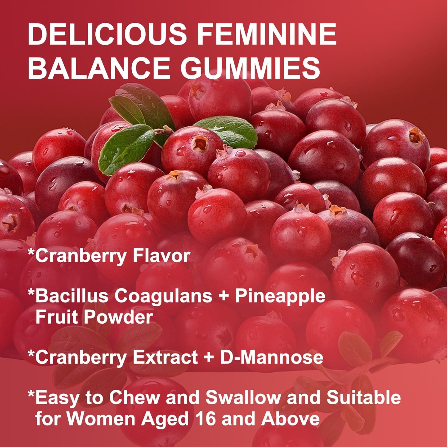Feminine Balance Gummies for Women - Vaginal Health, pH Balance Support, Pineapple Probiotics Gummies for Women with Cranberry Extract and D-Mannose, Sugar Free, Vegan, Cranberry Flavor - 60Ct (2pack) - Image 7