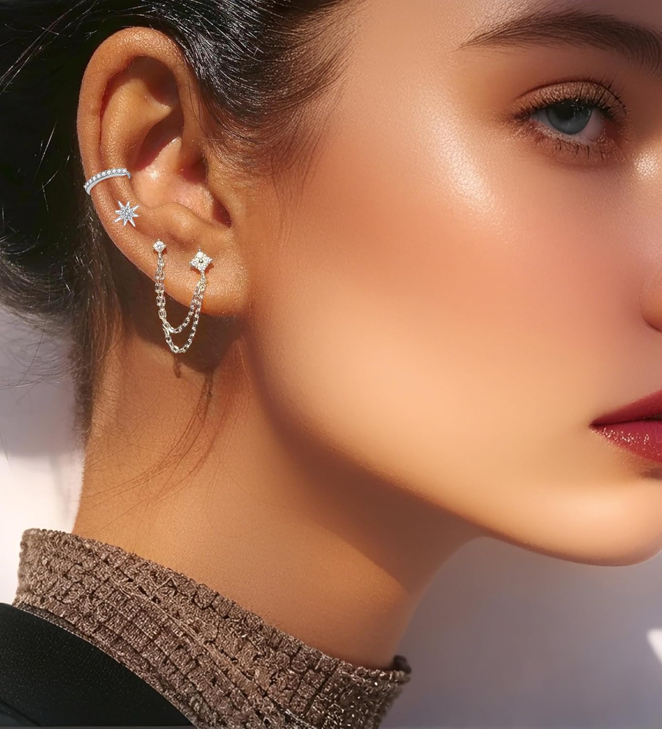 Gold Stud Earrings for Women Hypoallergenic Flat Back 14K Gold Cartilage Chain Earrings Stacks Sets for Multiple Piercing Surgical Steel CZ Huggie Hoop Earrings for Women - Image 2