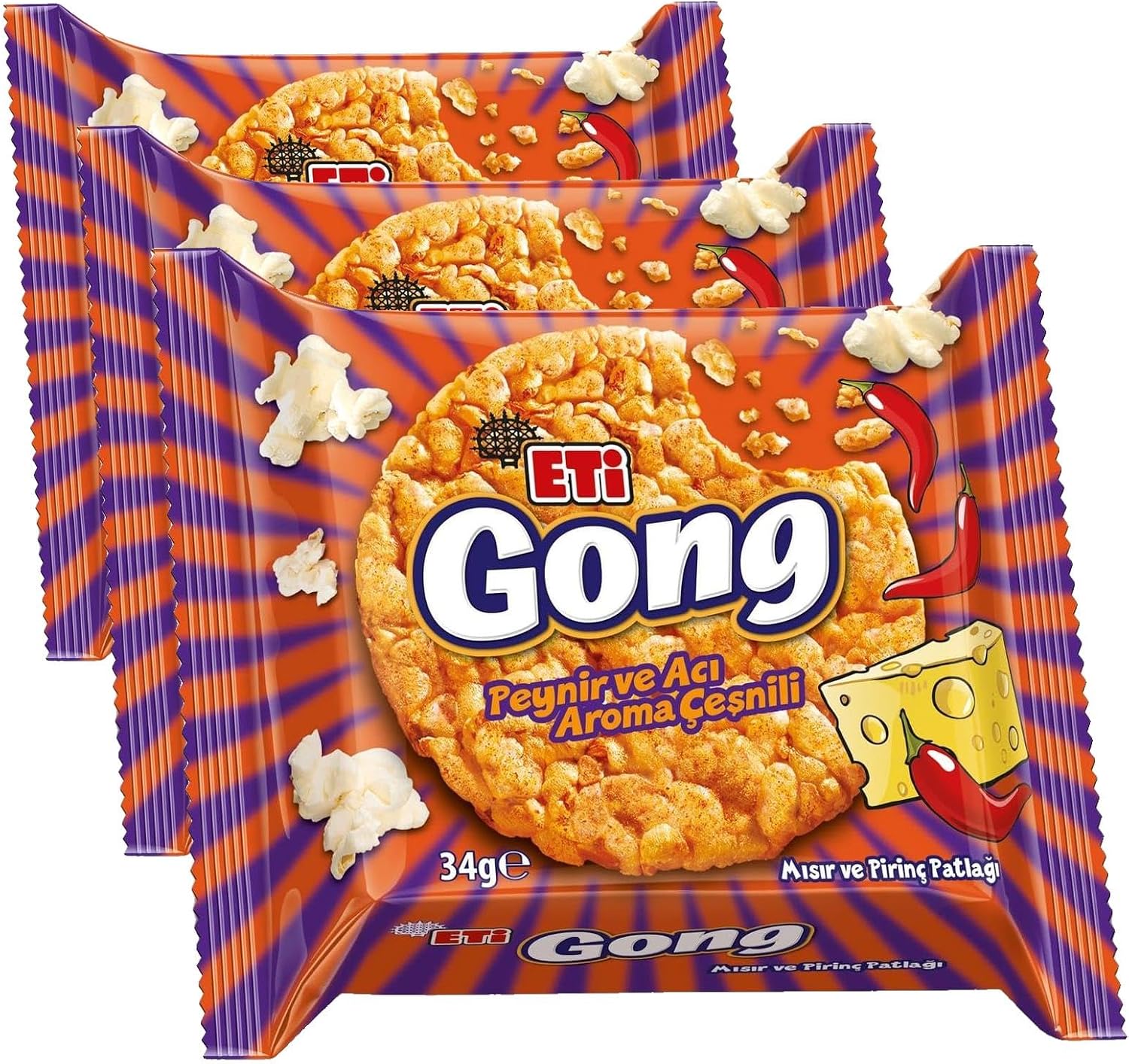 Eti Gong Peynir ve Acı Aroma Çeşnili Mısır ve Pirinç Patlağı 34 g x 18 Adet (3 paketi)