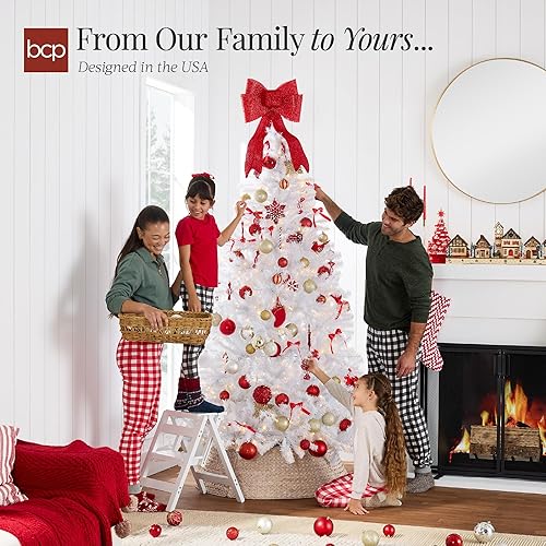 Miniatura 4 de Best Choice Products Árbol de Navidad blanco preiluminado de 7.5 pies, pino artificial con bisagras, decoración navideña con 550 luces blancas