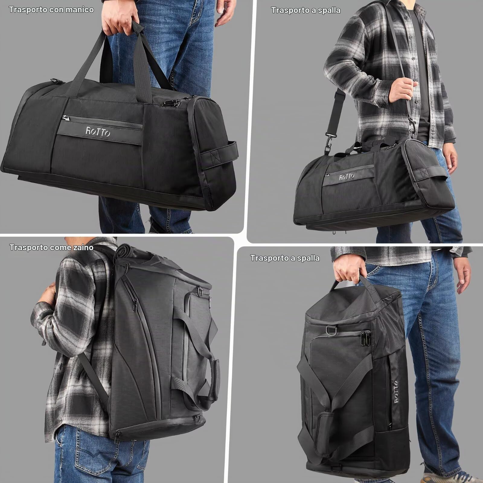 ROTTO Borsone da Viaggio 55L Borsone Palestra con Scomparto per Scarpe e Scomparto Termico per Bevande Ghiacciate con Spallacci e Tracolla
