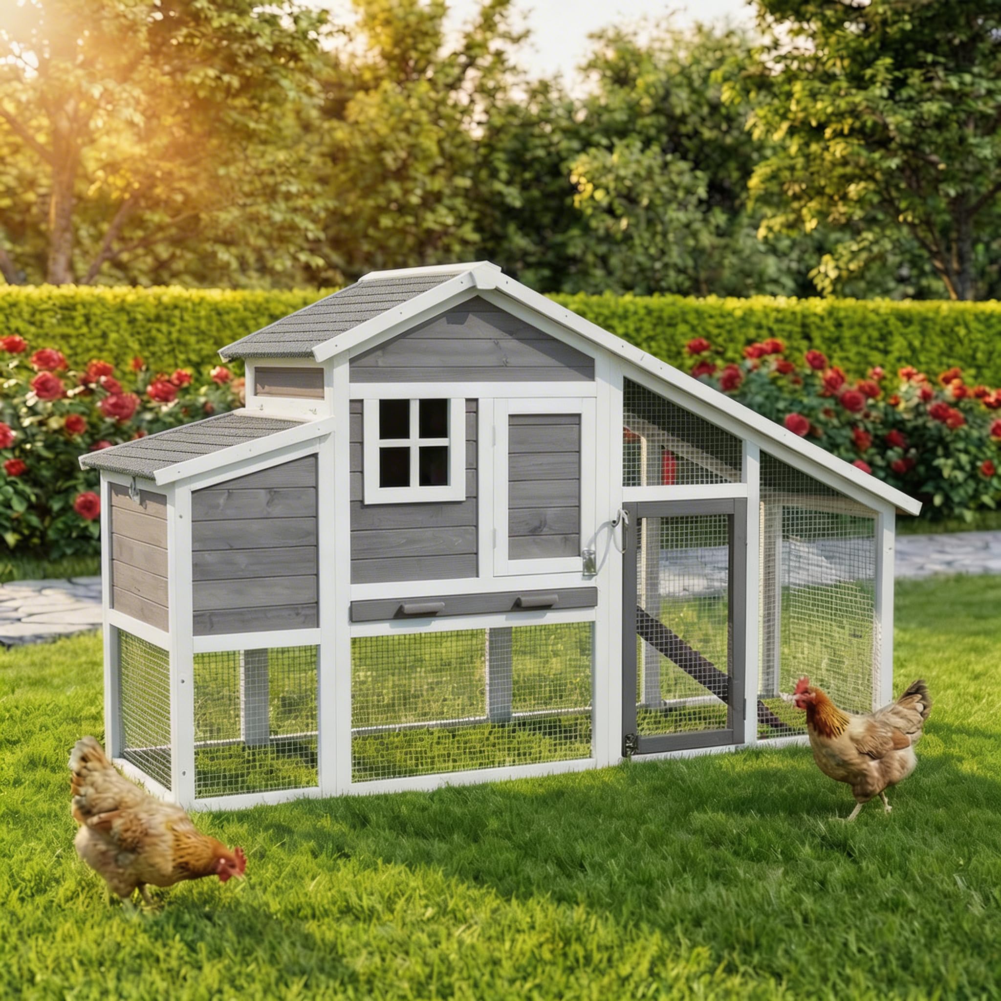 Miweba MyAnimal Hühnerstall für 4 Hühner | 185x62x115 cm Winterfest - Vogelhaus - Hühnergehege mit Nistkasten - Voliere - Hühnerhaus - Freilaufgehege Huhn - Legenest - Vogelvoliere - Gehege (Grau)