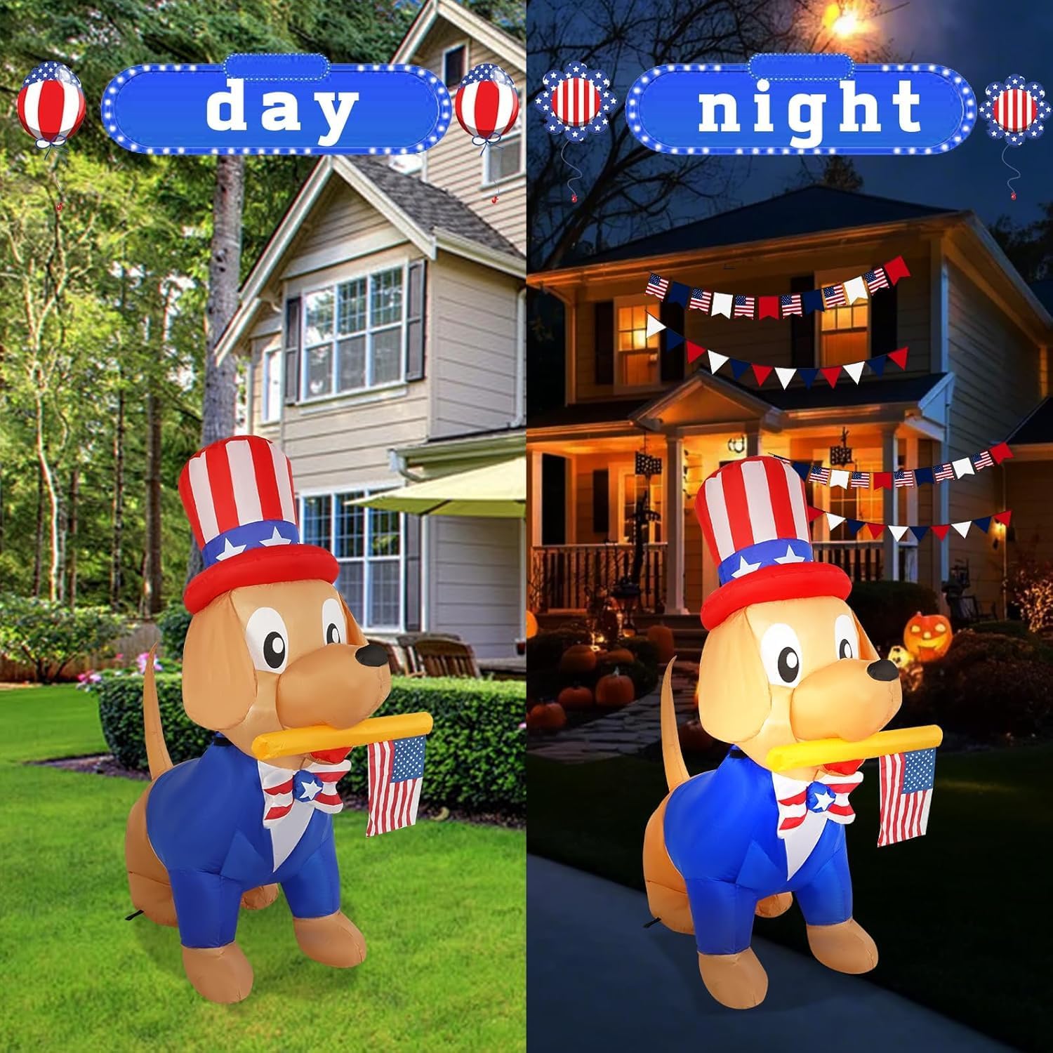 4FT 4th of July Inflatable Patriotic Dog Blow Up Independence Day Dog with LED Lights for Outdoor and Indoor Parties Festival Patio Inflatable Decorations Patriotic Holiday Decorations