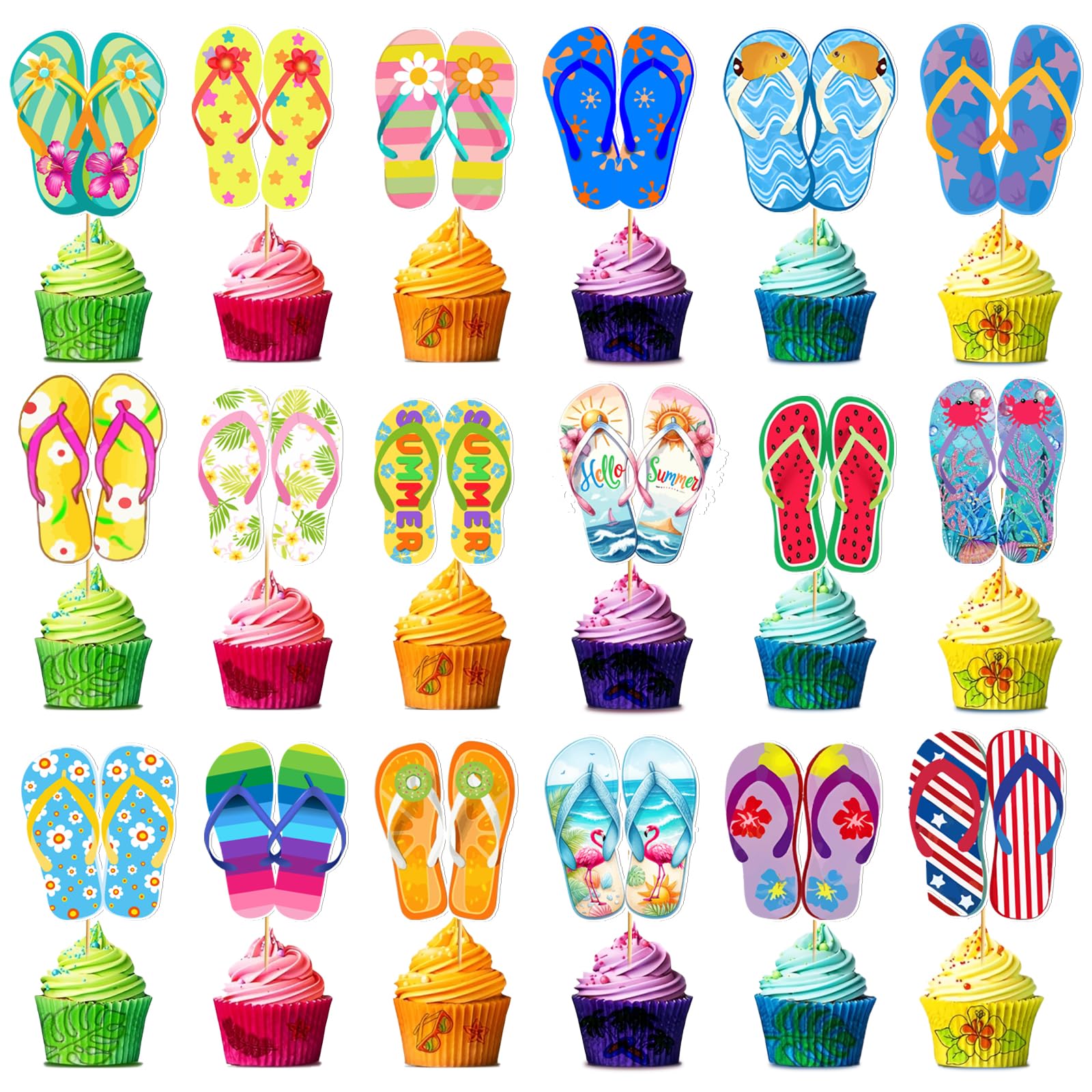 36pcs Hawaiian Summer Cupcake Toppers Beach Pool Party Cupcake Toppers Flip Flop Decor Beach Theme Cake Decorations Summer Party Decorations