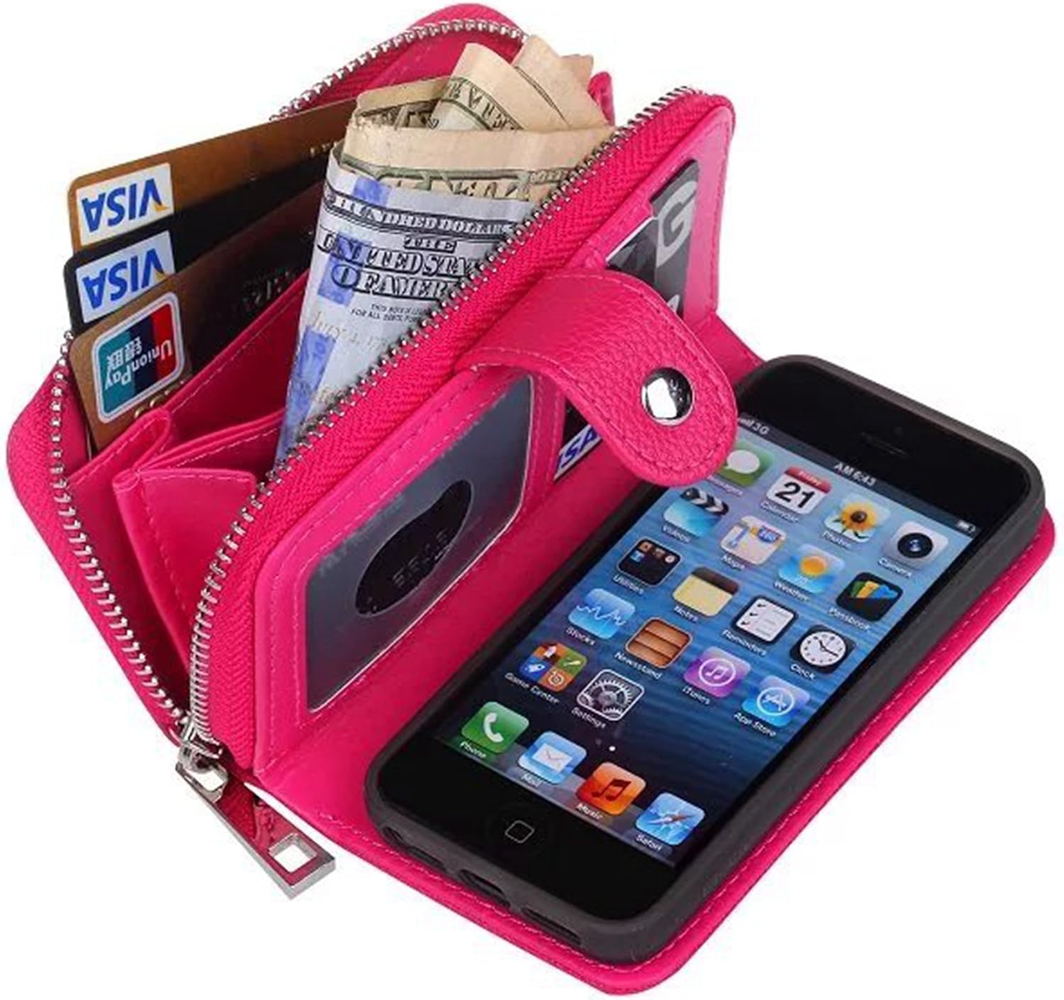 iPhone 5/5S/SE Wallet Case, Hynice iPhone 5/5S/SE Wallet Purse Case Leather Zipper Case with Credit Card Slots and Magnetic Detachable Slim Cover for iPhone 5/5S/SE (Litchi-Rose)