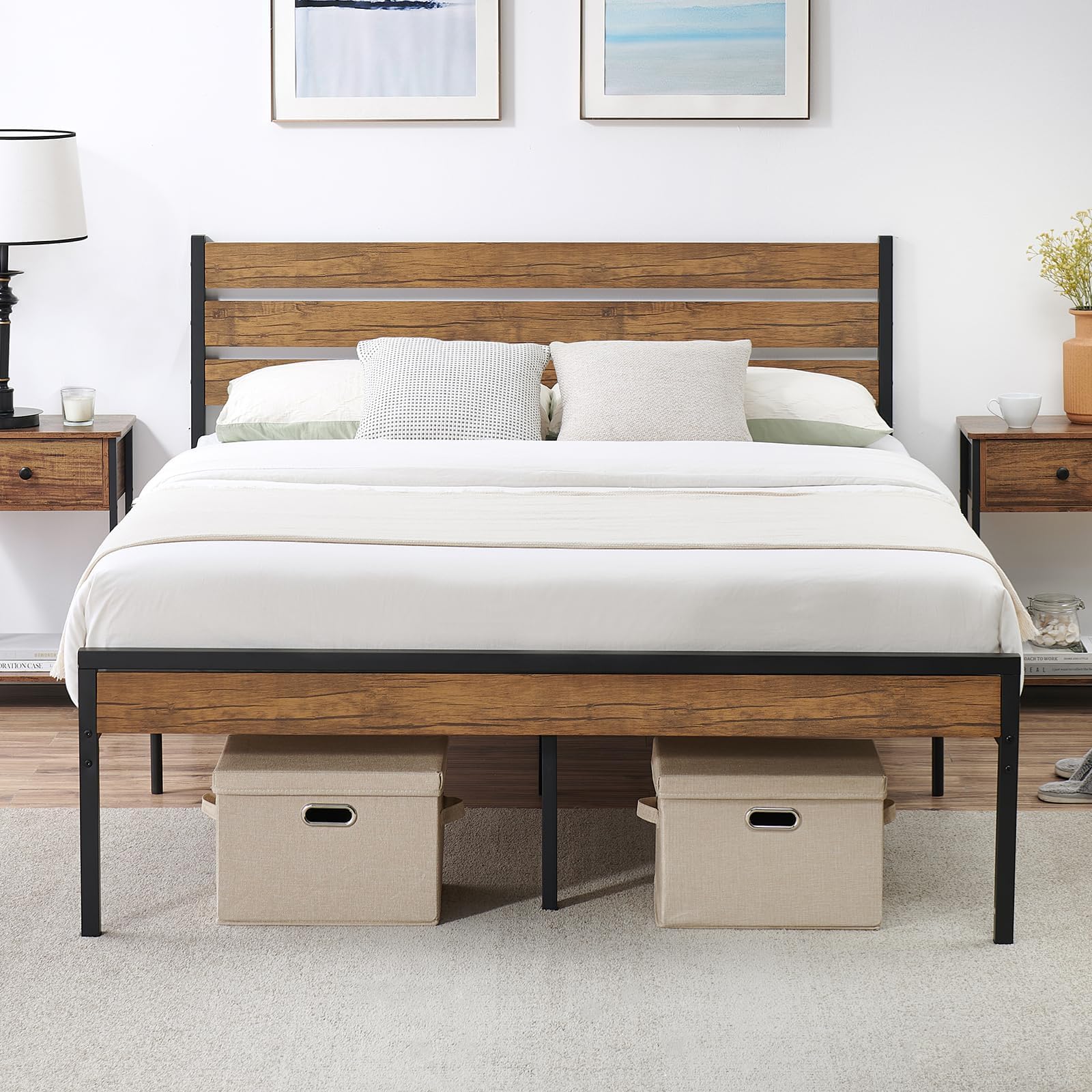 Queen Size Bed Frame with Headboard and Footboard, Stable Platform Bed with Under-Bed Storage, Heavy Duty Metal Sturdy Mattress Foundation Bed Frames, No Box Spring Needed, Easily Assemble