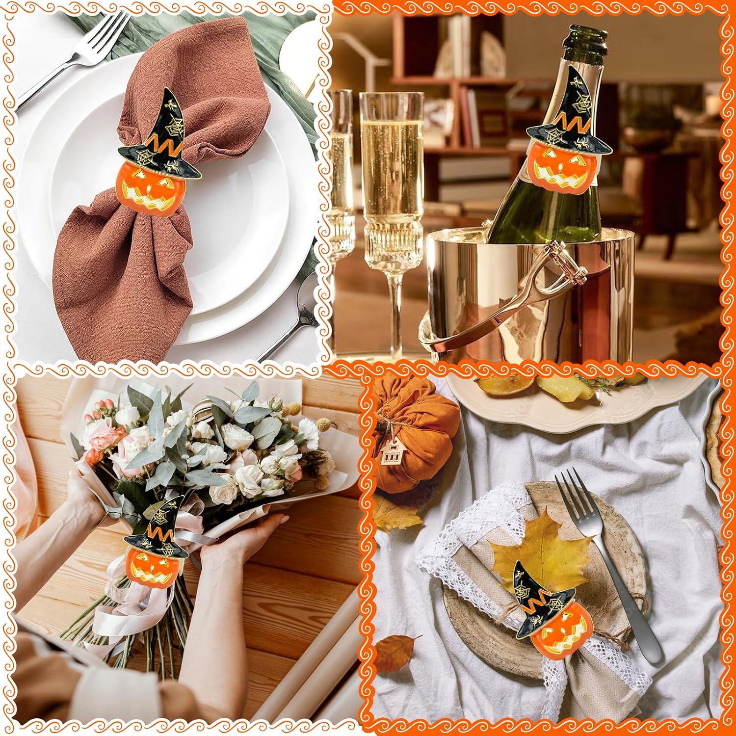 Legigo Set of 6 Halloween Napkin Rings for Dinning Table Settings- Horror Scary Orange Pumpkin Black Witch Hat Napkin Holder Ring for Holiday Party Kitchen Dinner Table Decarations