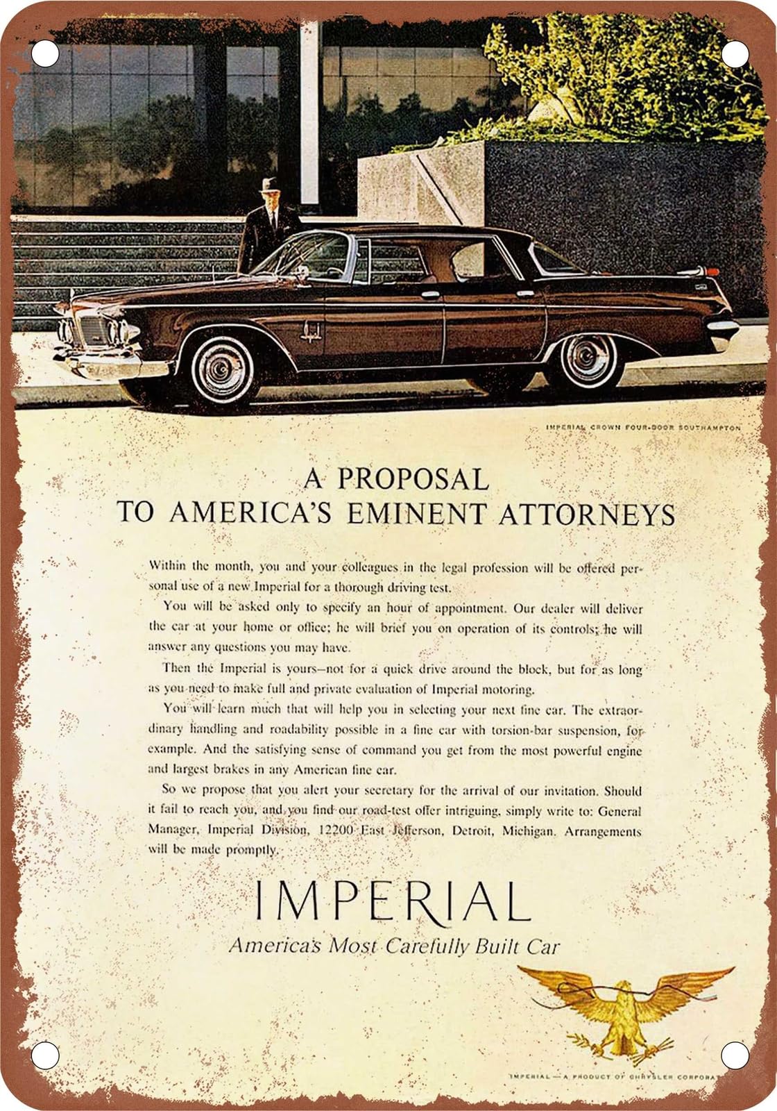 METAL SIGN - 1962 Imperial Vintage Ad 03 - Old Retro Rusty Look home decor