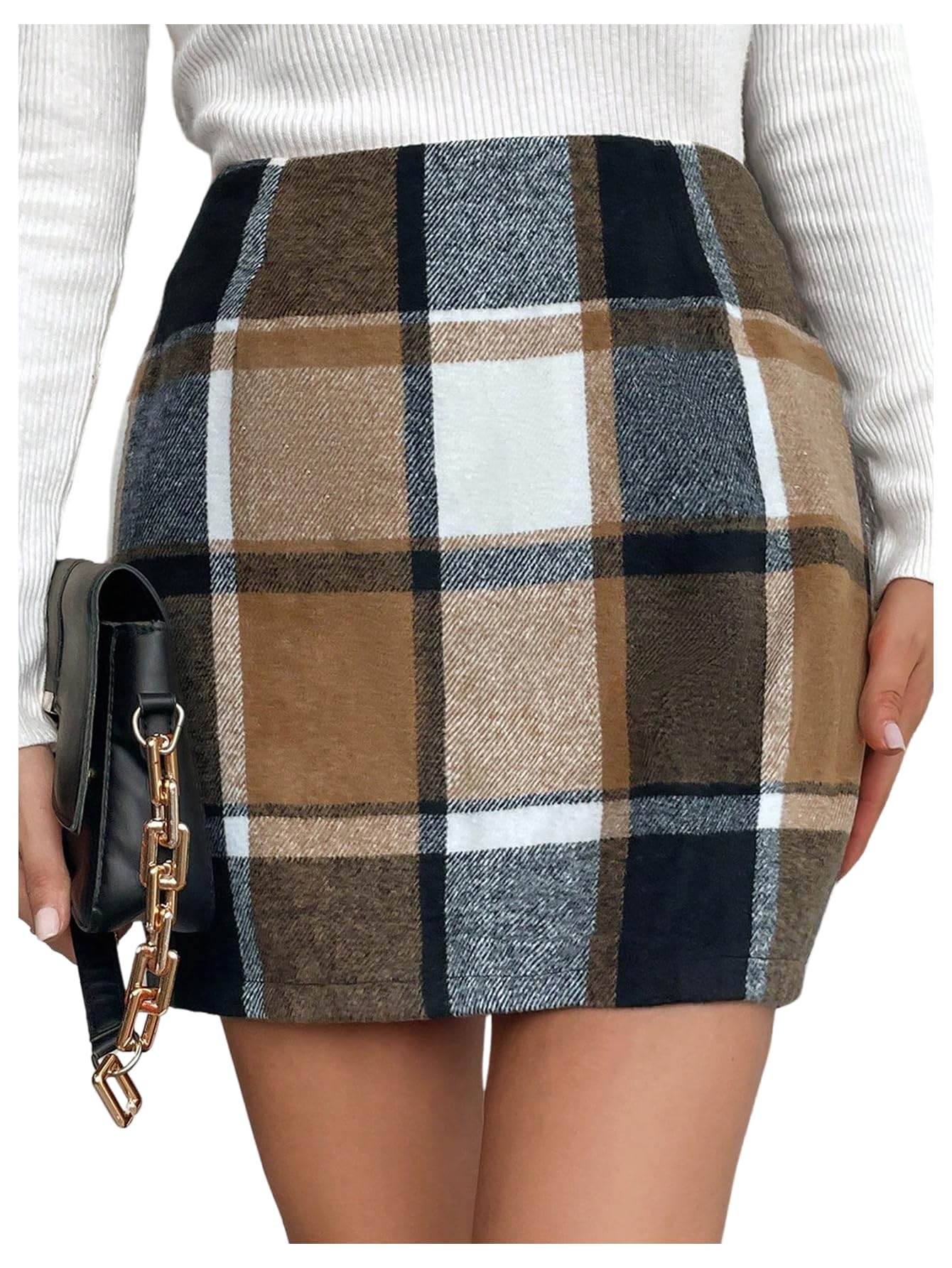 MakeMeChic Womens Plaid Skirt High Waisted Zipper Elegant Bodycon Skirts