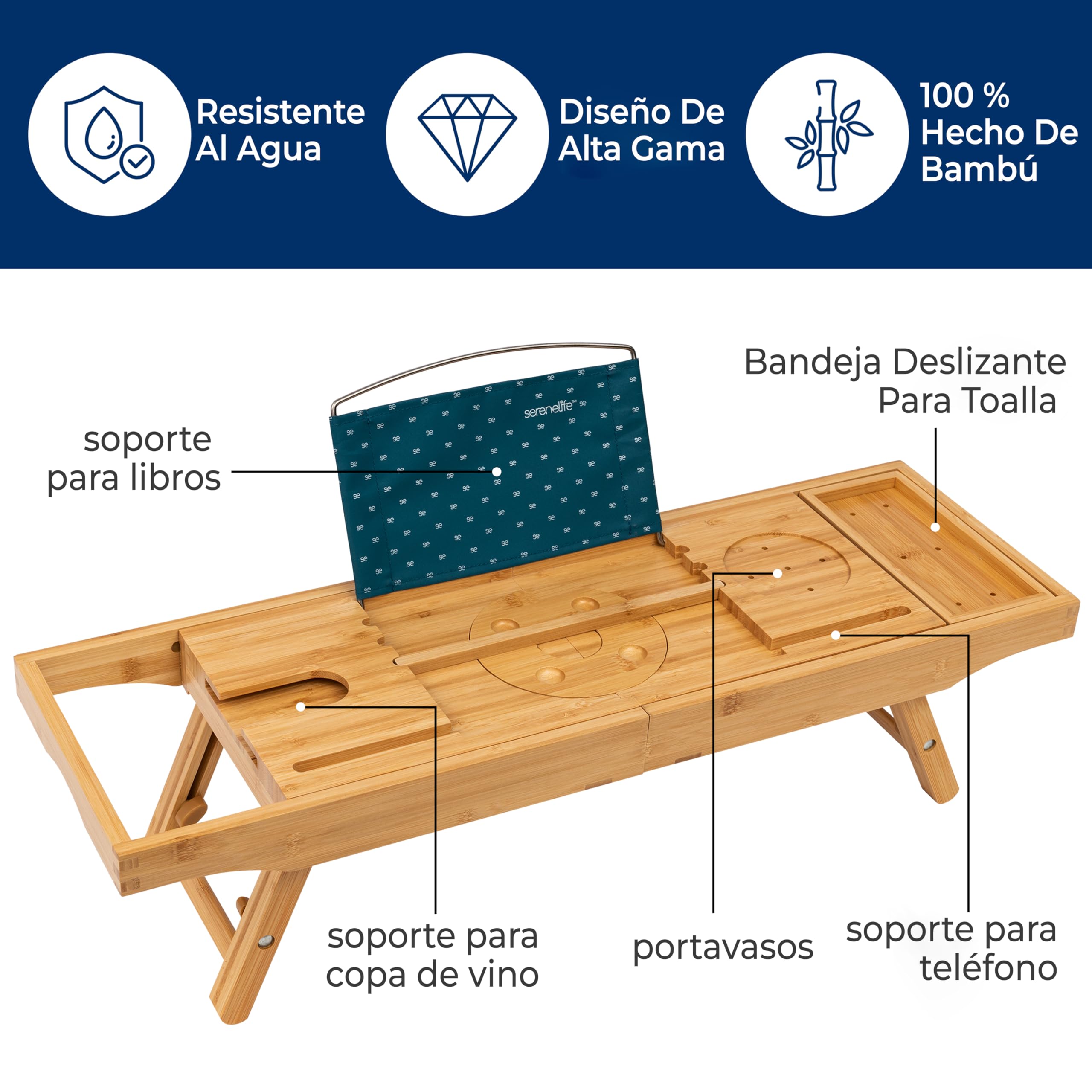 SereneLife Bandeja 2 en 1, para Cama y baño, Caddy, Plegable de Bambu, Longitud Ajustable, Antideslizante, Soporte para Dispositivos, Ranura para Copa de Vino