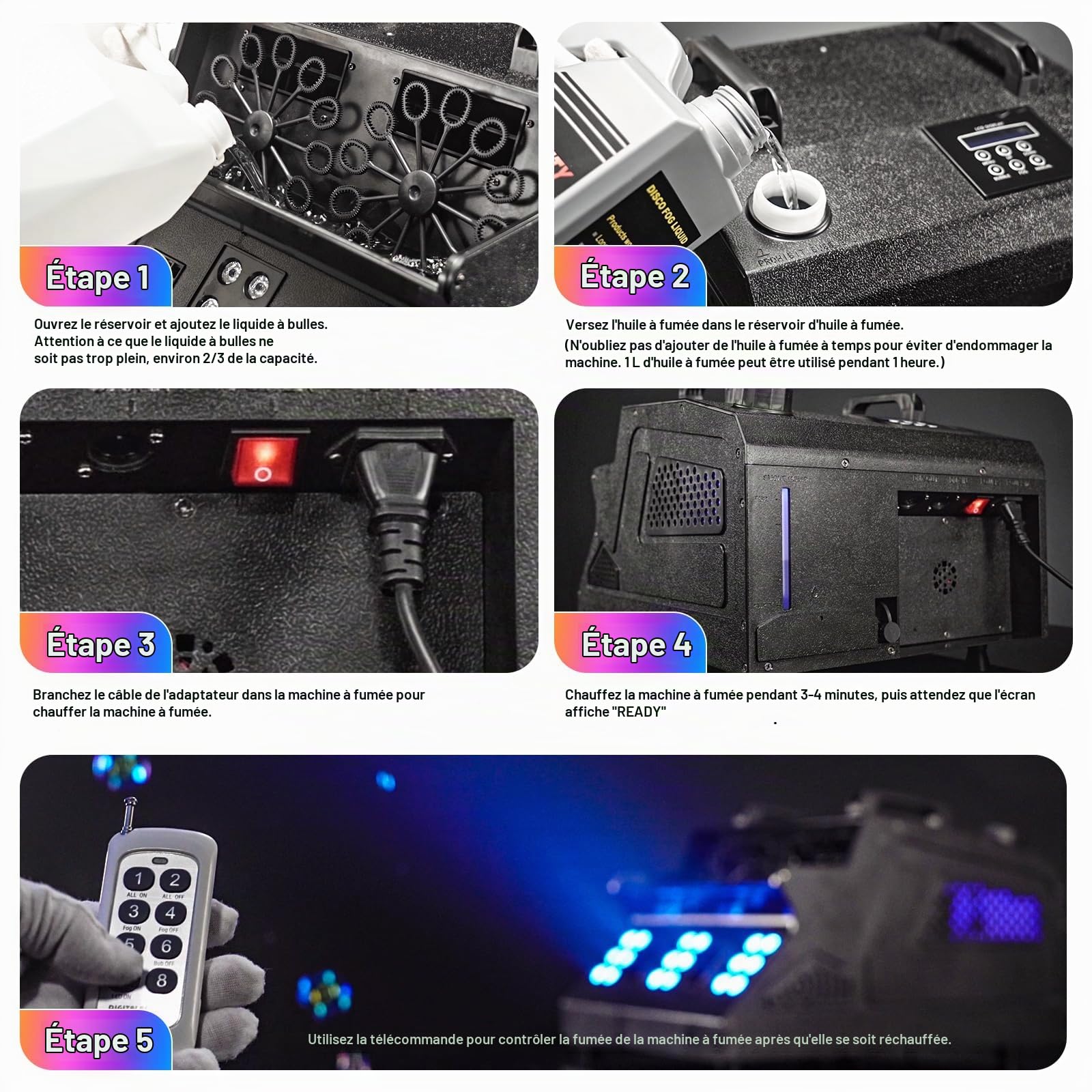 Machine à Fumée et à Bulles 1500W avec Télécommande, 18 LED RGB d-mx512 Contrôle Indépendant Machine à Bulles et à Fumée pour Mariages, Scènes, Fêtes, Noël, Halloween