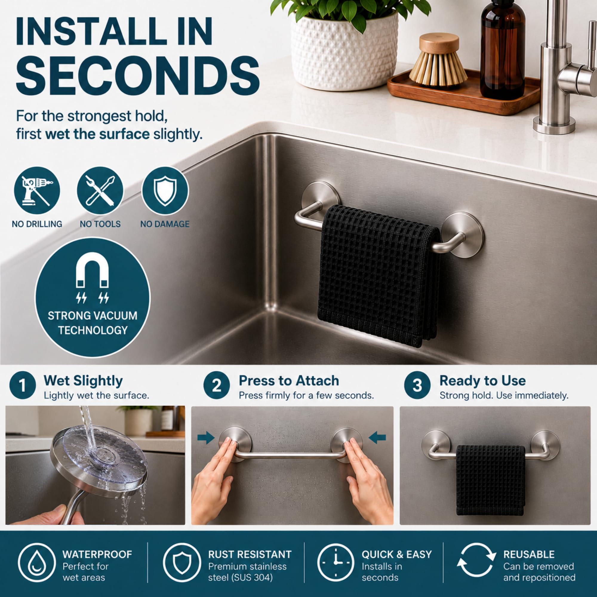 STEYDA Stoviglie in acciaio inox per cucina, supporto panno, piatto straccio appendiabiti,