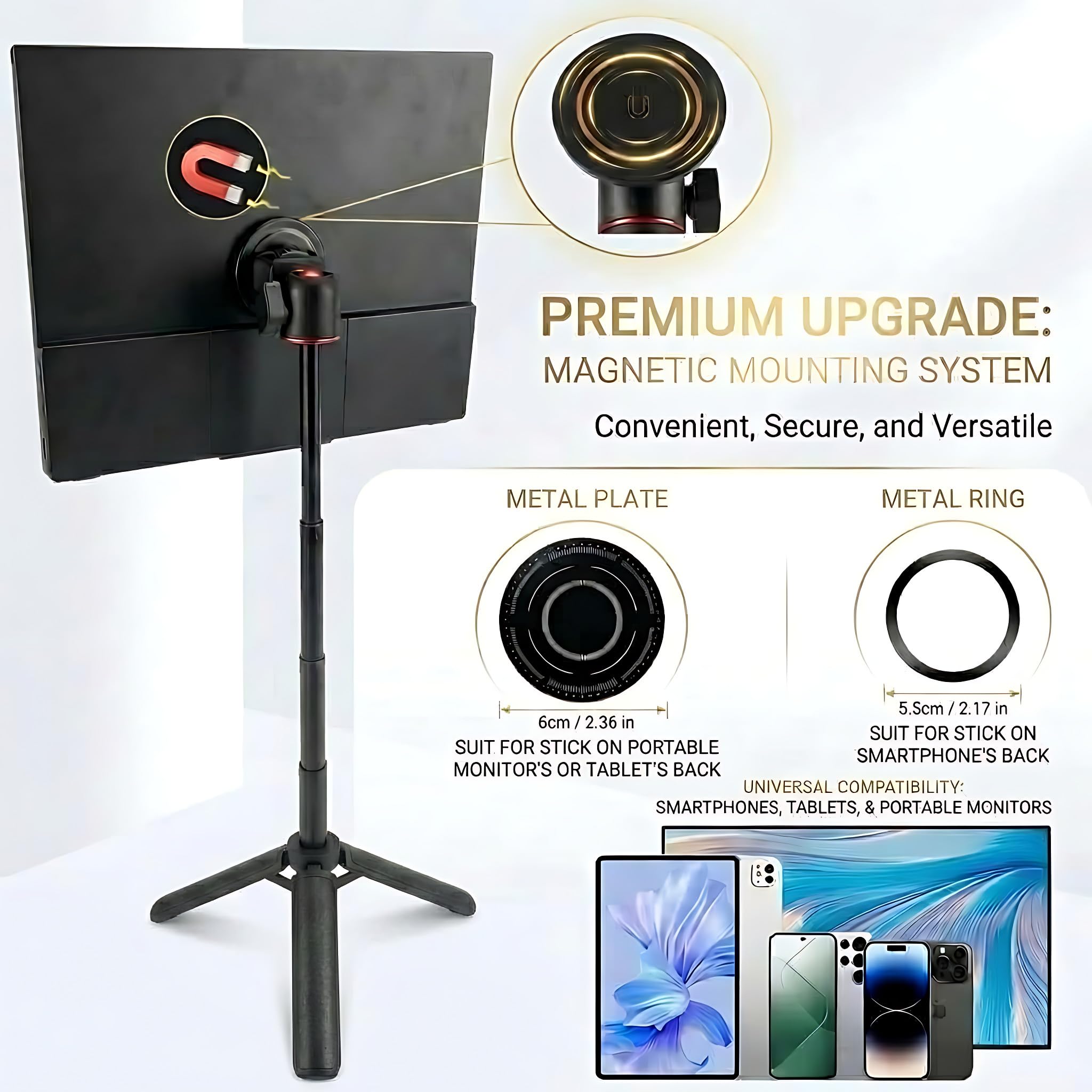 Supporto portatile da viaggio, treppiede magnetico in metallo regolabile in altezza per monitor portatile da 15,6 pollici, supporto verticale pieghevole per monitor e tablet/smartphone da