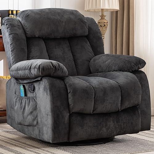 CANMOV Massage Swivel Rocker Recliner Chair with Heat and Vibration, 360 Degree Swivel Manual Recliners Antiskid Fabric Single Sofa Heavy Duty Reclining Chair for Living Room, Grey - Grey