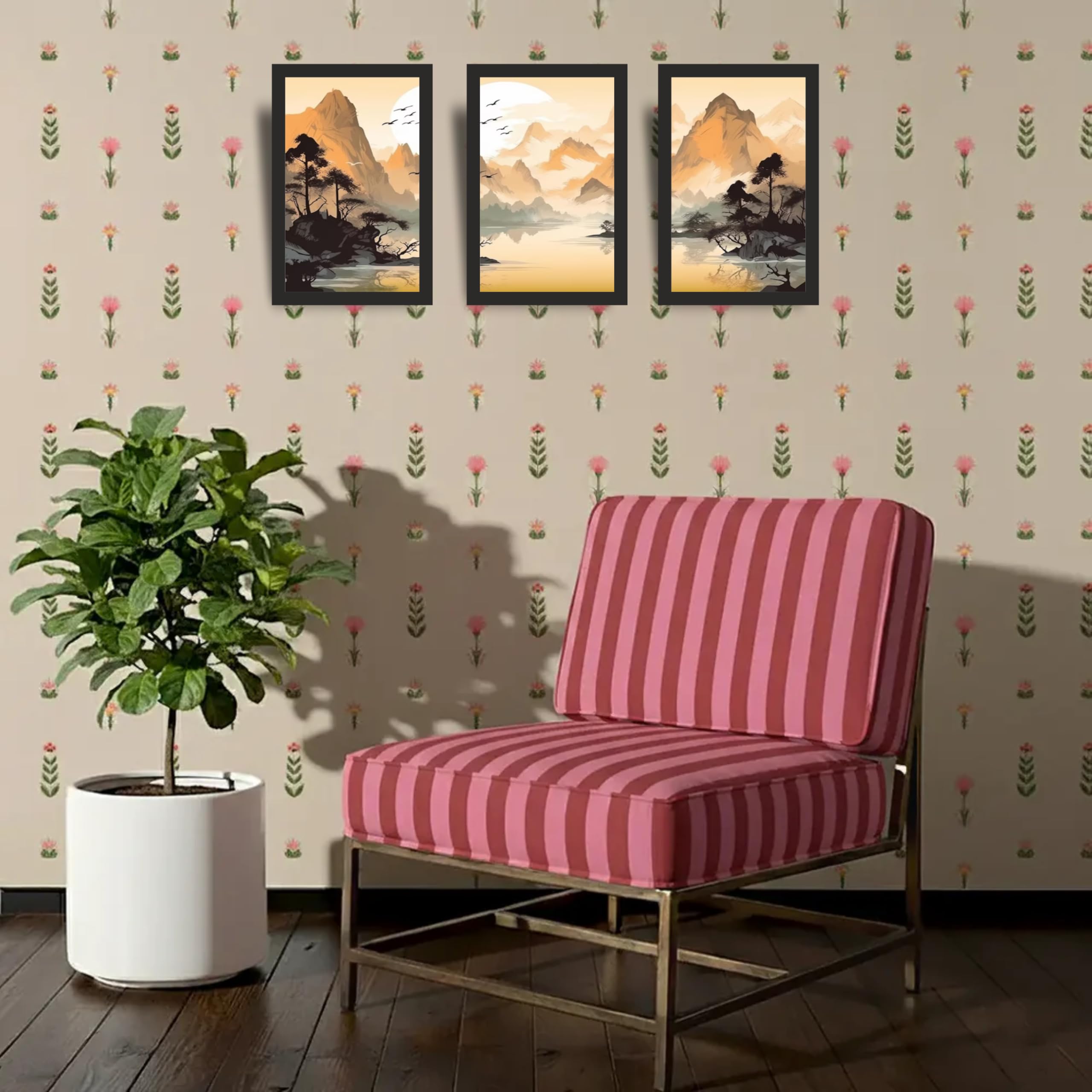 Golden Mountain Landscape Wall Art Set of 3 Frames