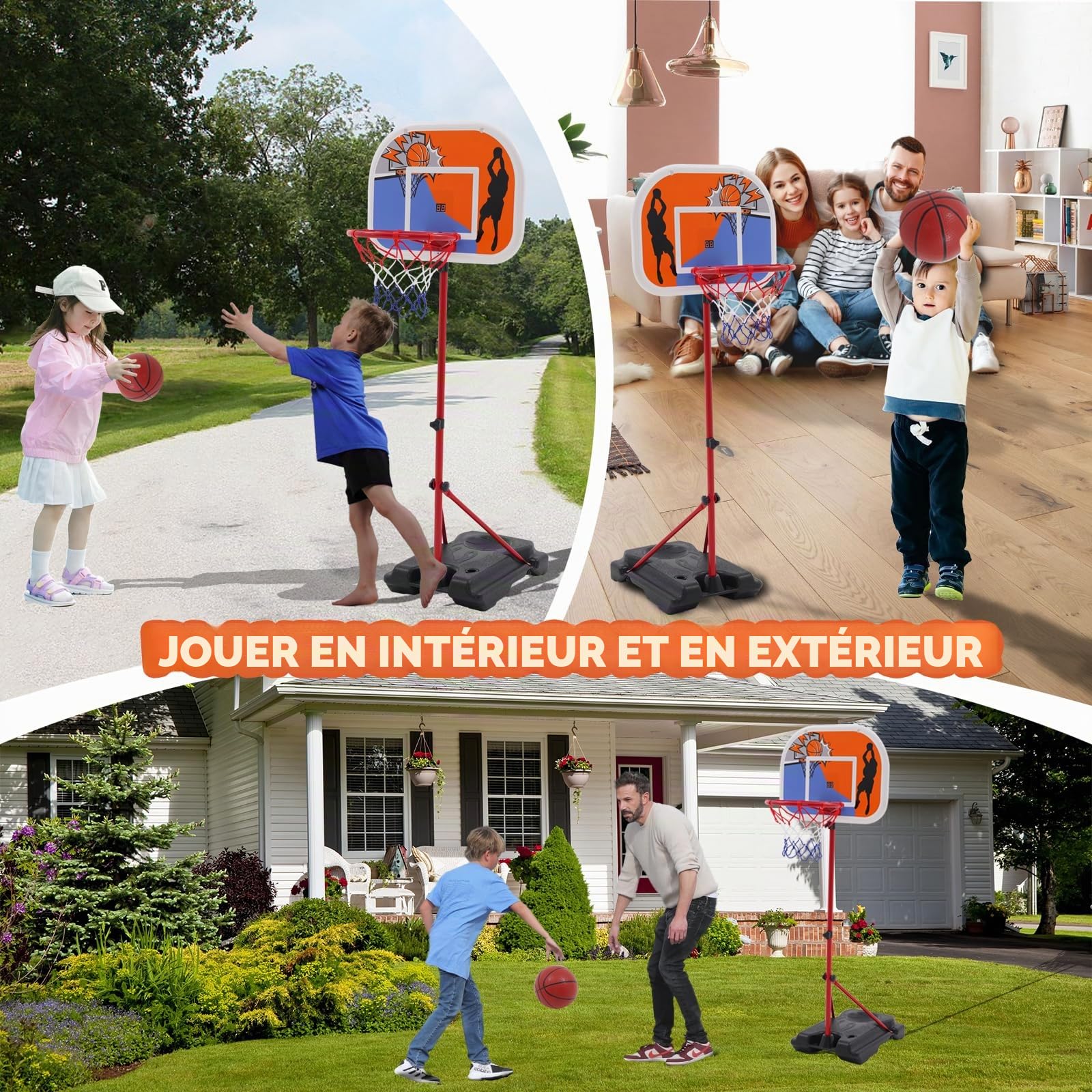 Panier de Basket pour Enfants, Support de Panier de Basket Portable, Hauteur réglable 80-180 cm, avec Tableau d'affichage, intérieur extérieur